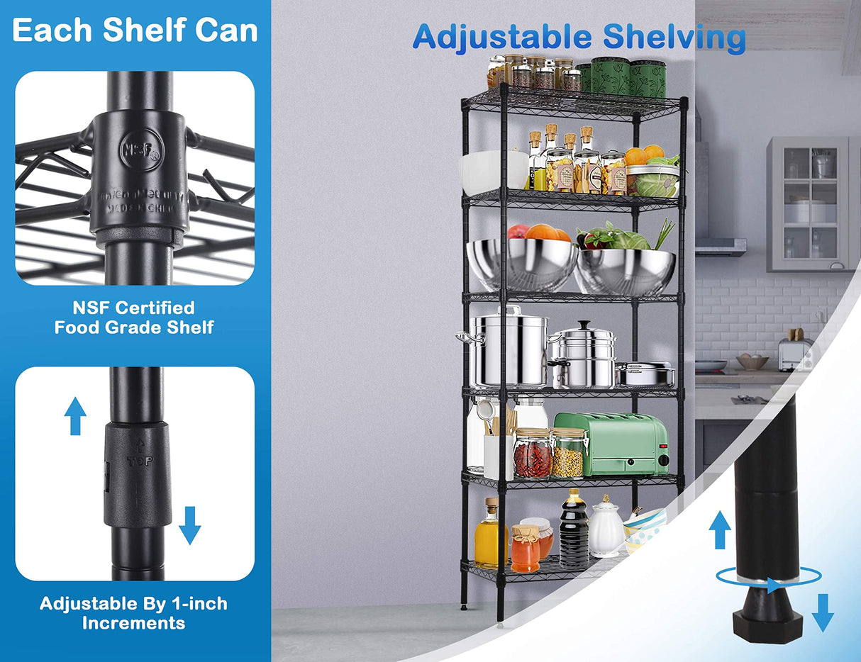 6-Tier Metal Wire Shelving Unit Snack Shelf Height Adjustable Storage Rack NSF Certified Storage Shelves 900 Lbs Capacity Standing Utility Shelf for Laundry Kitchen Pantry Garage Organization Capacmkseh
