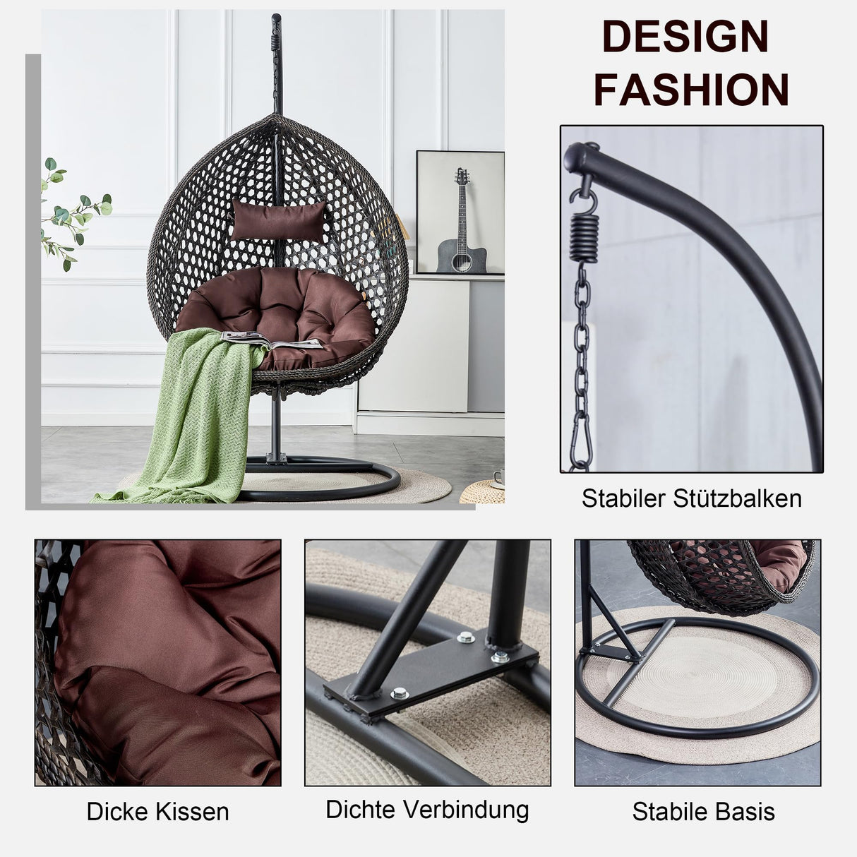 Egg Swing Chair Outdoor with Stand, Indoor Swing for Adults, Hanging Egg Rattan Basket Chair with Cushion and Pillow, Foldable Basket and Metal Stand for Porch, Patio, Bedroom, Balcony,Yard (Black) CRIPNAS