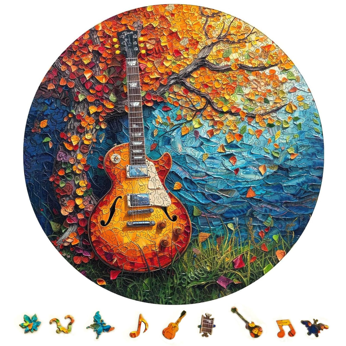Wooden Puzzle for Adults, Autumn Jigsaw Puzzle, Guitar Wooden Jigsaw Puzzles, Thanksgiving Garden Puzzle, Beautiful Wooden Puzzle with Box Birthday Gifts for Adults and Kids(11.2 * 11.2in-200pcs) Reouinty