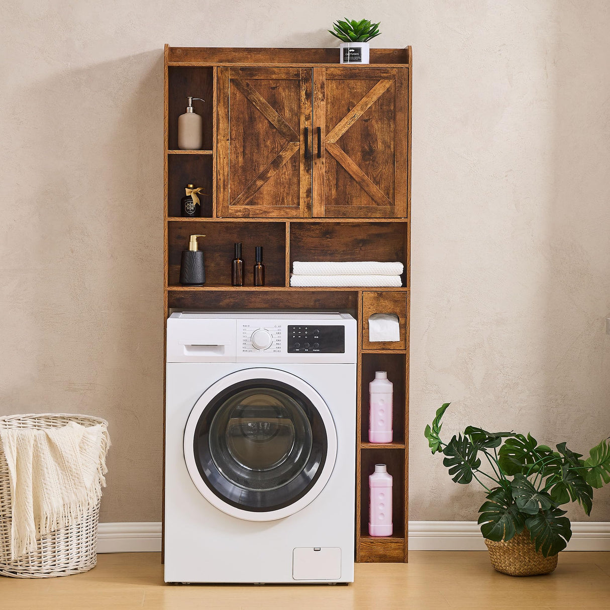 Viroformo Over The Toilet Storage Cabinet, Farmhouse Storage Cabinet 32 Inches Width Over Toilet with 2 Barn Door and Toilet Paper Holder Stand, White Toilet Rack for Bathroom, Laundry, Restroom Viroformo