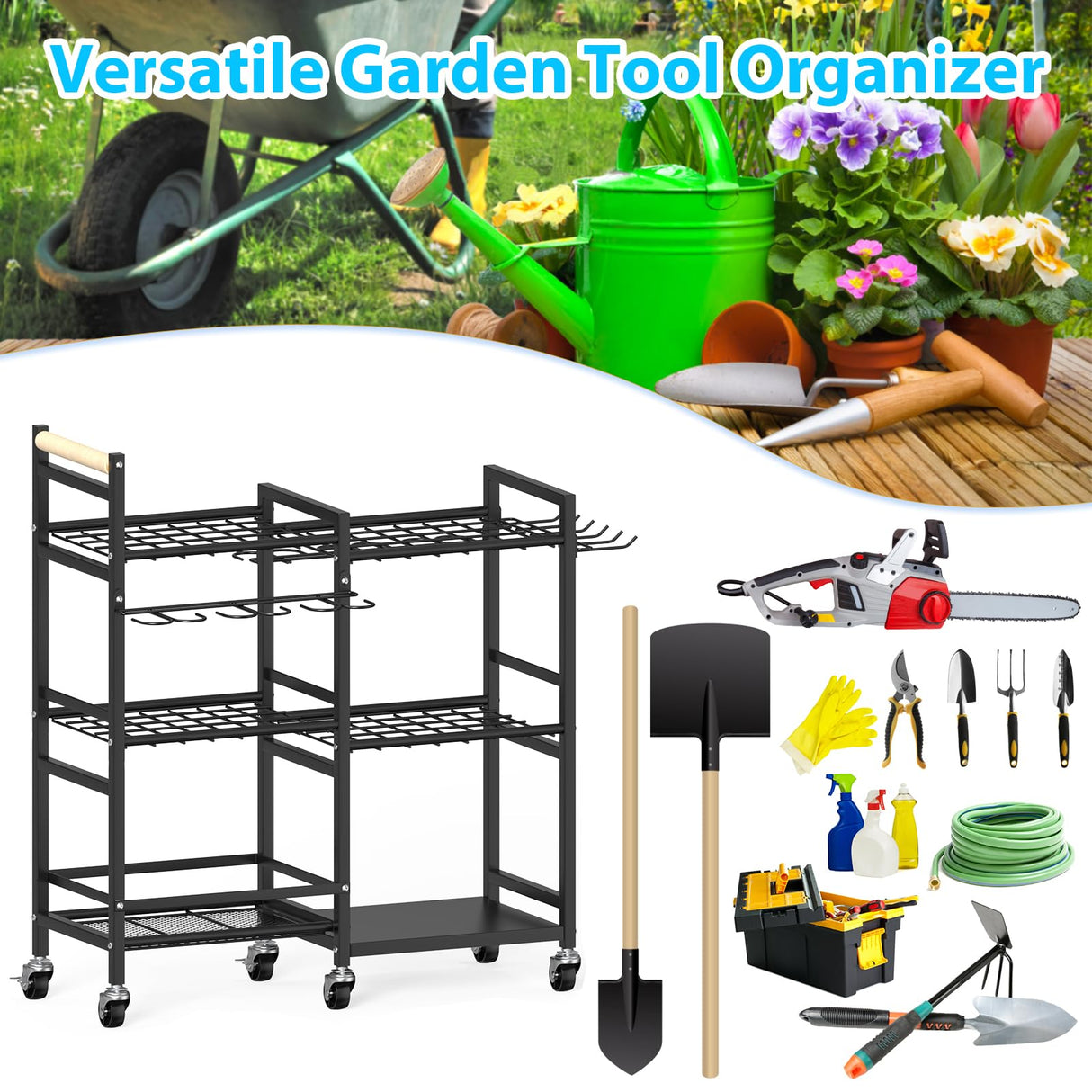 NADAMOO Garden Tool Organizer with Rolling Wheel, 3-tier Metal Shelf Yard Tool Holder, Utility Stand Rack for Garage Organization and Storage, Hold Long-Handled Rakes, Shovel, Broom NADAMOO