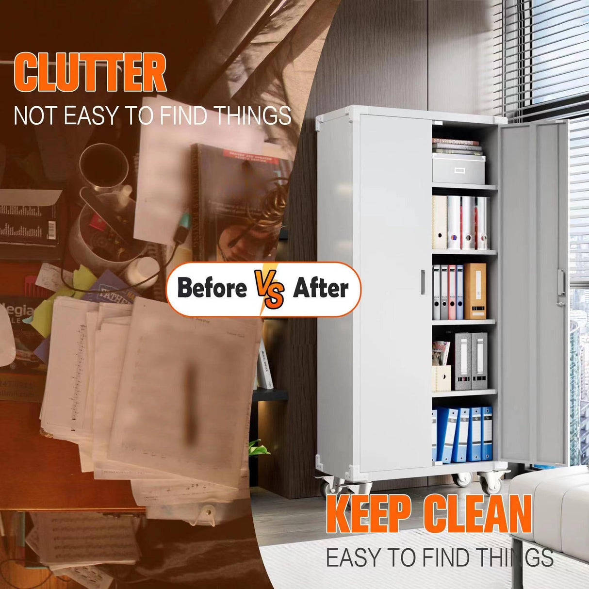 Aobabo 72" H Lockable Storage Cabinet with 4 Shelves, Office Furniture Metal Storage Organizer with Wheels for Home Office, Assembly Required, White Aobabo