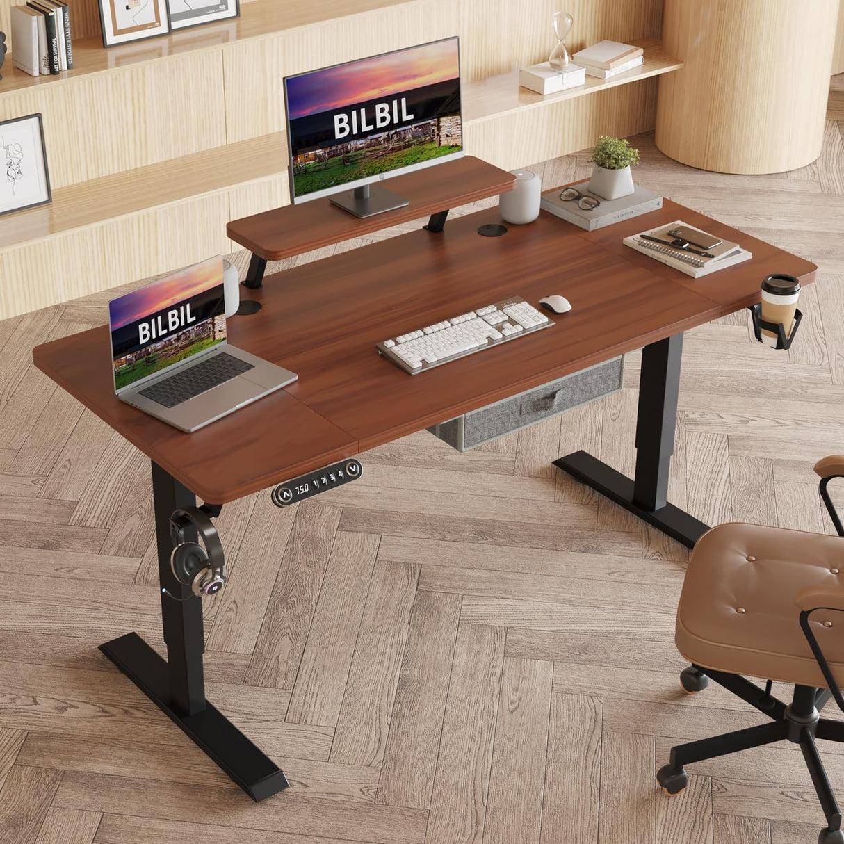 bilbil Electric Standing Desk with Drawer, 63x30 Inches Adjustable Height Sit Stand Up Desk with Storage Shelf, Home Office Desk Computer Workstation with Dark Walnut Top/Black Frame bilbil