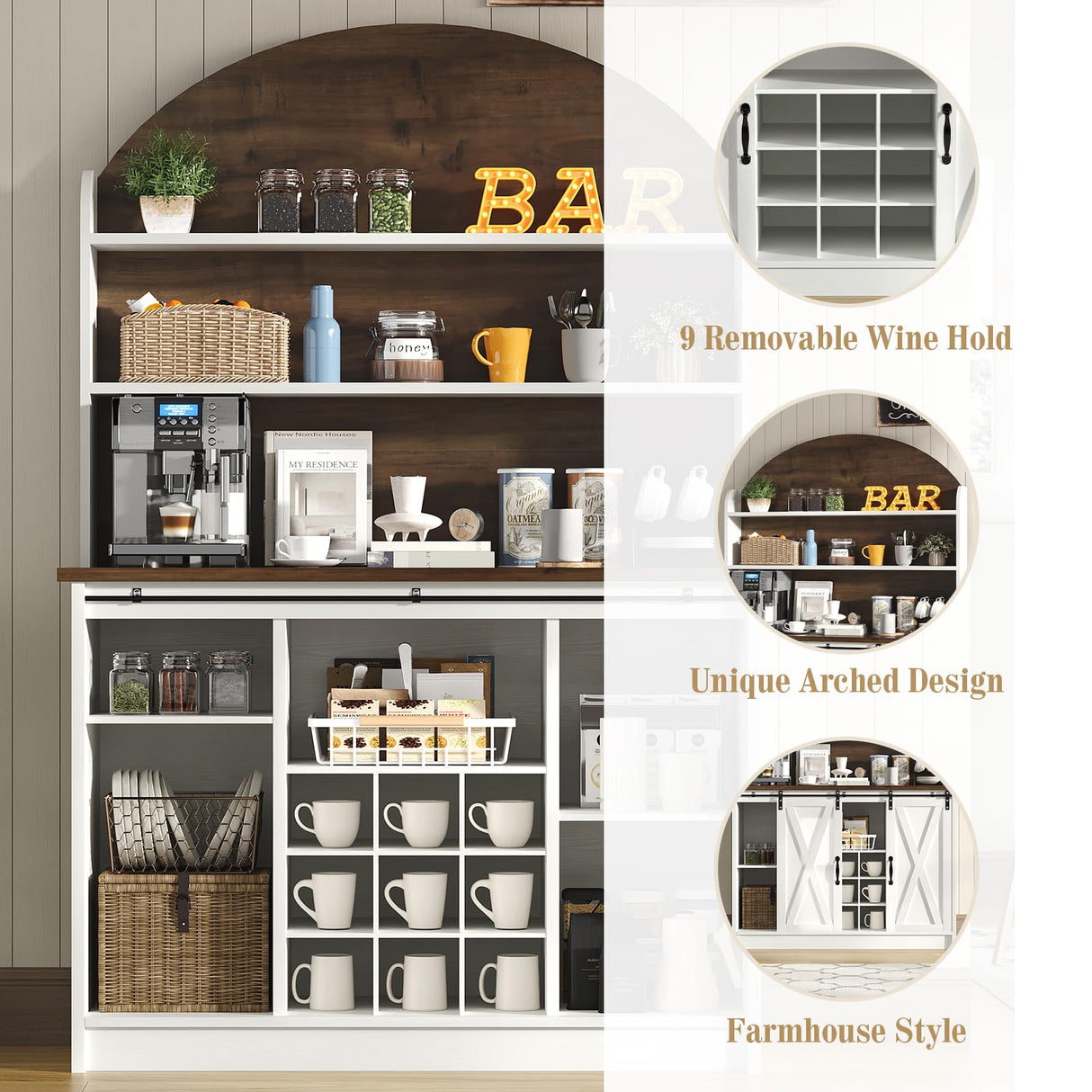 4 EVER WINNER Farmhouse Coffee Bar with 3-Tier Storage, 67” Tall Coffee Bar Cabinet with Sliding Barn Doors, White Buffet Cabinet with Hutch & 9 Wine Racks, White 4 EVER WINNER
