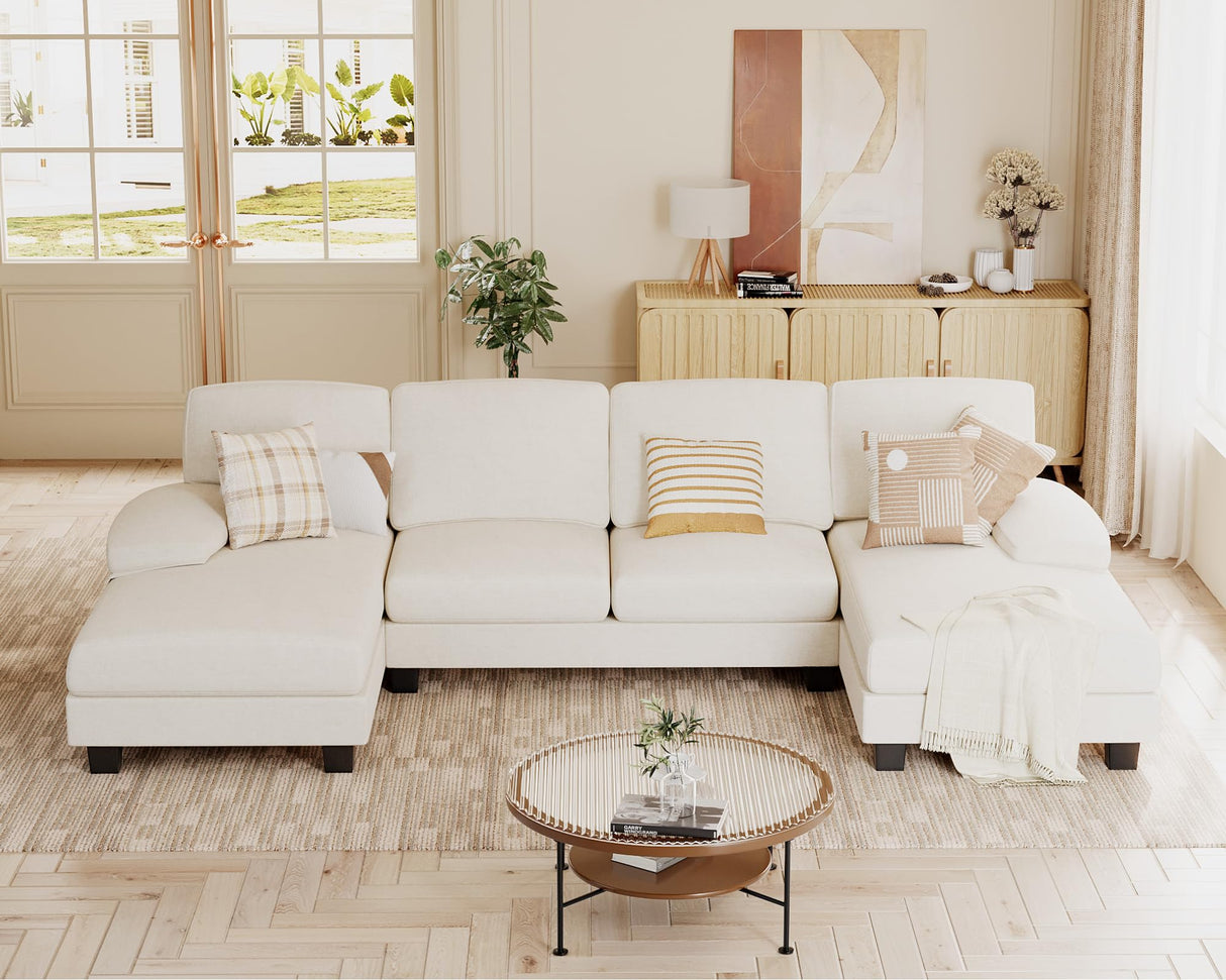 JUMMICO Sectional Couches for Living Room, U Shaped Couch with Chenille Fabric, 4 Seat Modern Sofa with Removable Pillows for Apartment and Small Space (Fabric, White) JUMMICO