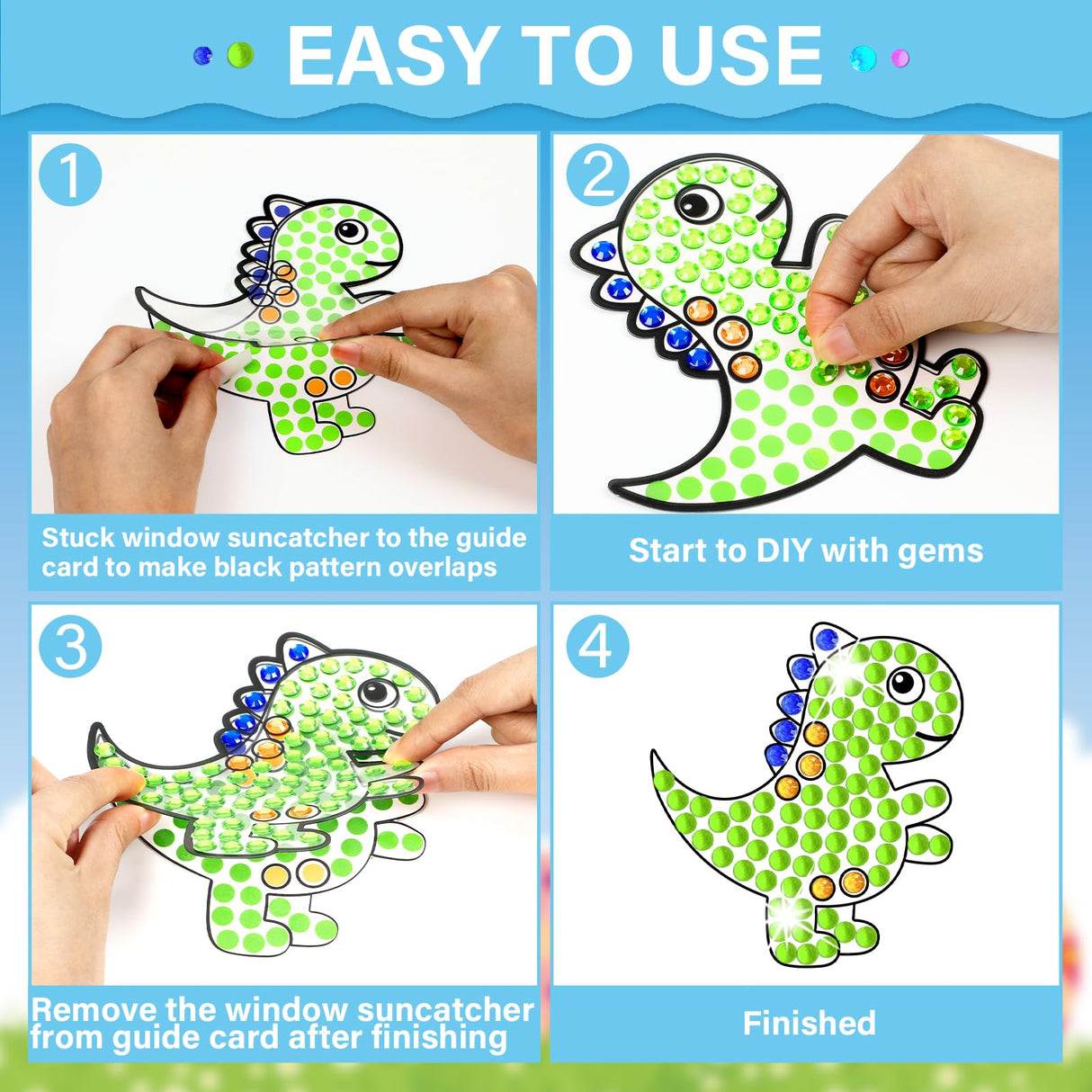 Qyeahkj 6 Pcs Dinosaur Arts Crafts DIY Dino Gem Diamond Suncatcher Crafts for Kids Dinosaur Diamond Painting Gifts Exchange for Kids Aged 4 6 8 10 12 for Home School Party Decor Qyeahkj