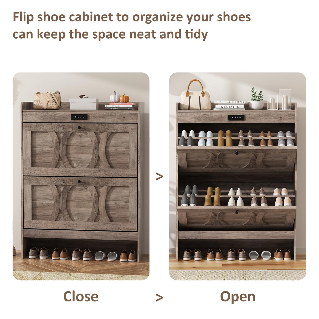 VFF Shoe Cabinet with 2 Flip Drawers, LED Touchscreen Shoe Storage Organizer with Wooden Legs, Narrow Freestanding Entryway Shoe Storage for Hallway and Bedroom (Rustic Brown) VFF