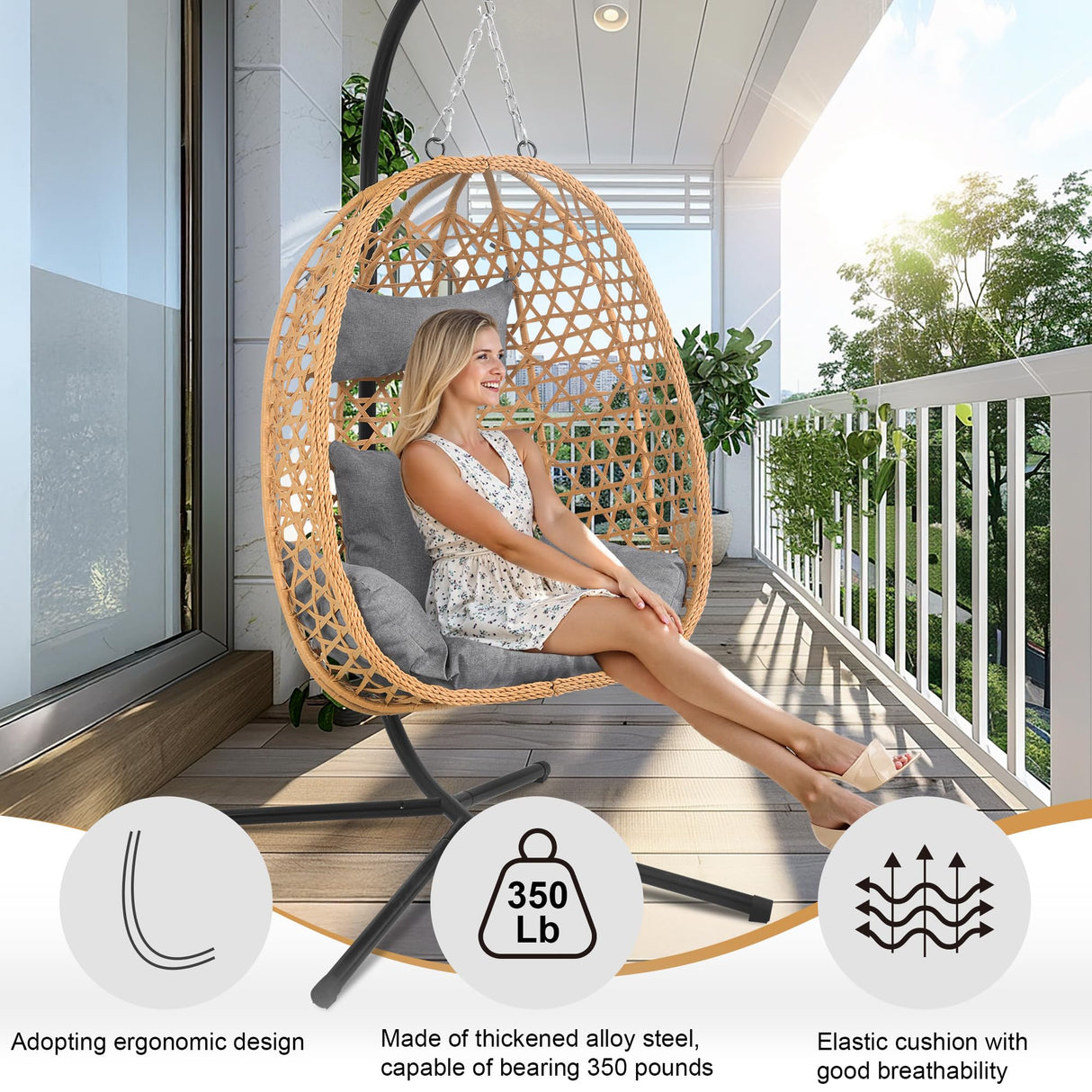Hoffeorrad Hanging Egg Chair with Stand & Cushions - All-Weather Rattan Swing Chair for Patio, Balcony, Garden (Modern Boho Design, Ready-to-Use Indoor Outdoor) Hoffeorrad