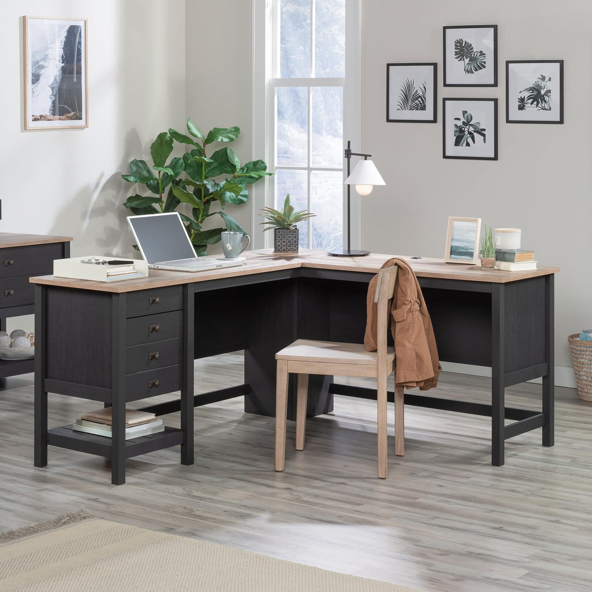 Sauder Cottage Road L Shaped Desk Computer Desk with Drawers, Home Office Desk with Optional File Cabinet Storage, Cable Management, in Raven Oak Finish Sauder