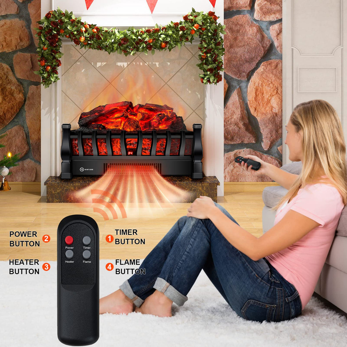 Electric Fireplace Logs Inserts Heater with Infrared Remote Controller 5 Flame Brightness 24 H Timer Overheating Protection for Home and Office Decor Black Alpaca
