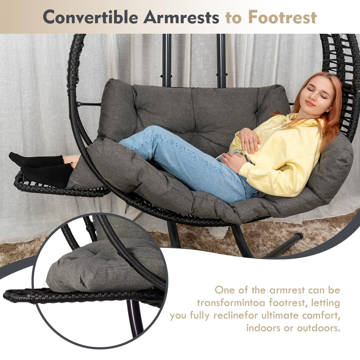 Double Hanging Egg Chair with Stand for Outdoor, Oversized 2 Person Wicker Rattan Swing Chair w/Convertible Armrest for Reclining Seat, All-Weather Cushion and Heavy Duty Frame, 700Lbs Cap. (Grey) DAIJIA CHINA