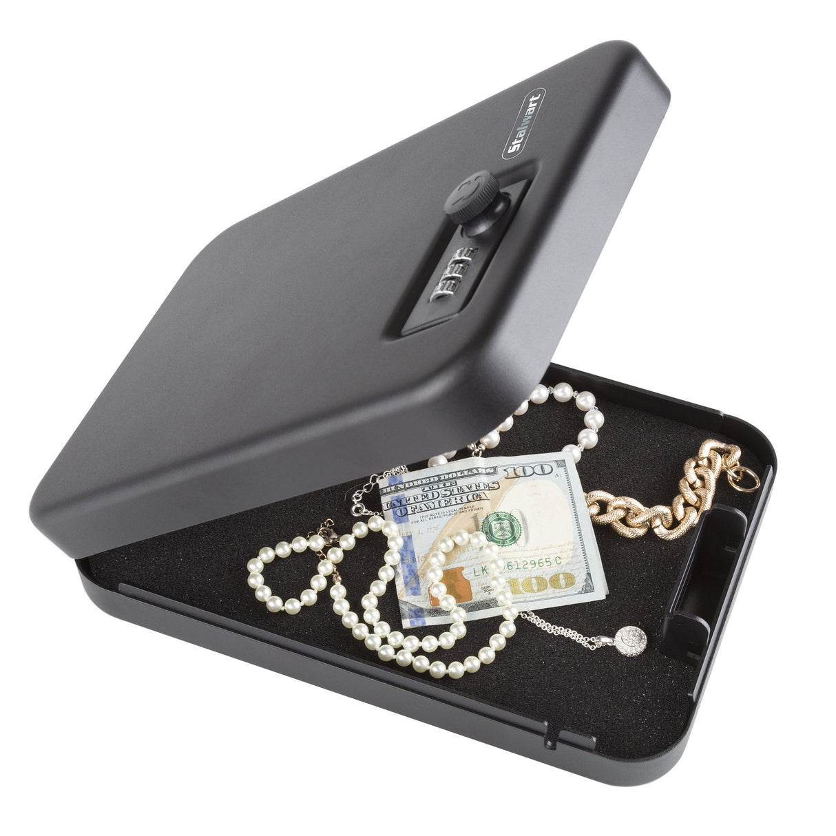 Stalwart Portable Gun Safe – Top Opening Personal Steel Travel Combination Lock Box with 1500 Pound Test Tether Cable for Car, Desk or Home Stalwart