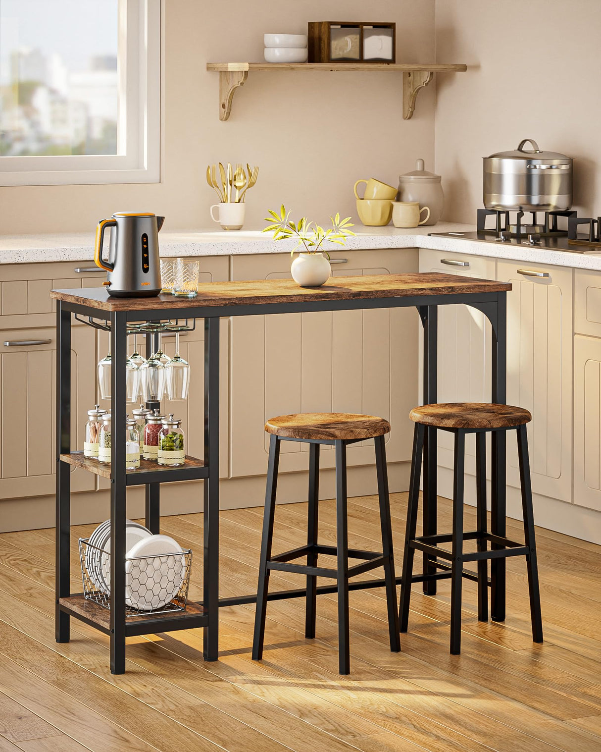Qsun 3-Piece Bar Table Set for 2, Bar Table with Stools & 2 Storage Shelves, Small Bar Table Set with Glass Rack, Small Kitchen Table for Dining Room, Living Room, Rustic Brown Qsun