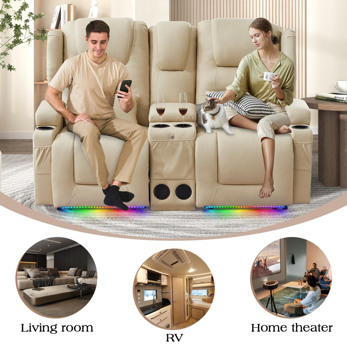 Oprisen 2-Seater Power Loveseat Recliner Electric Reclining Sofa Couch Wall Hugger Recliner Home Theater Seating w/Multi-Function Console/Cup Holders/LED Ambient Light Oprisen