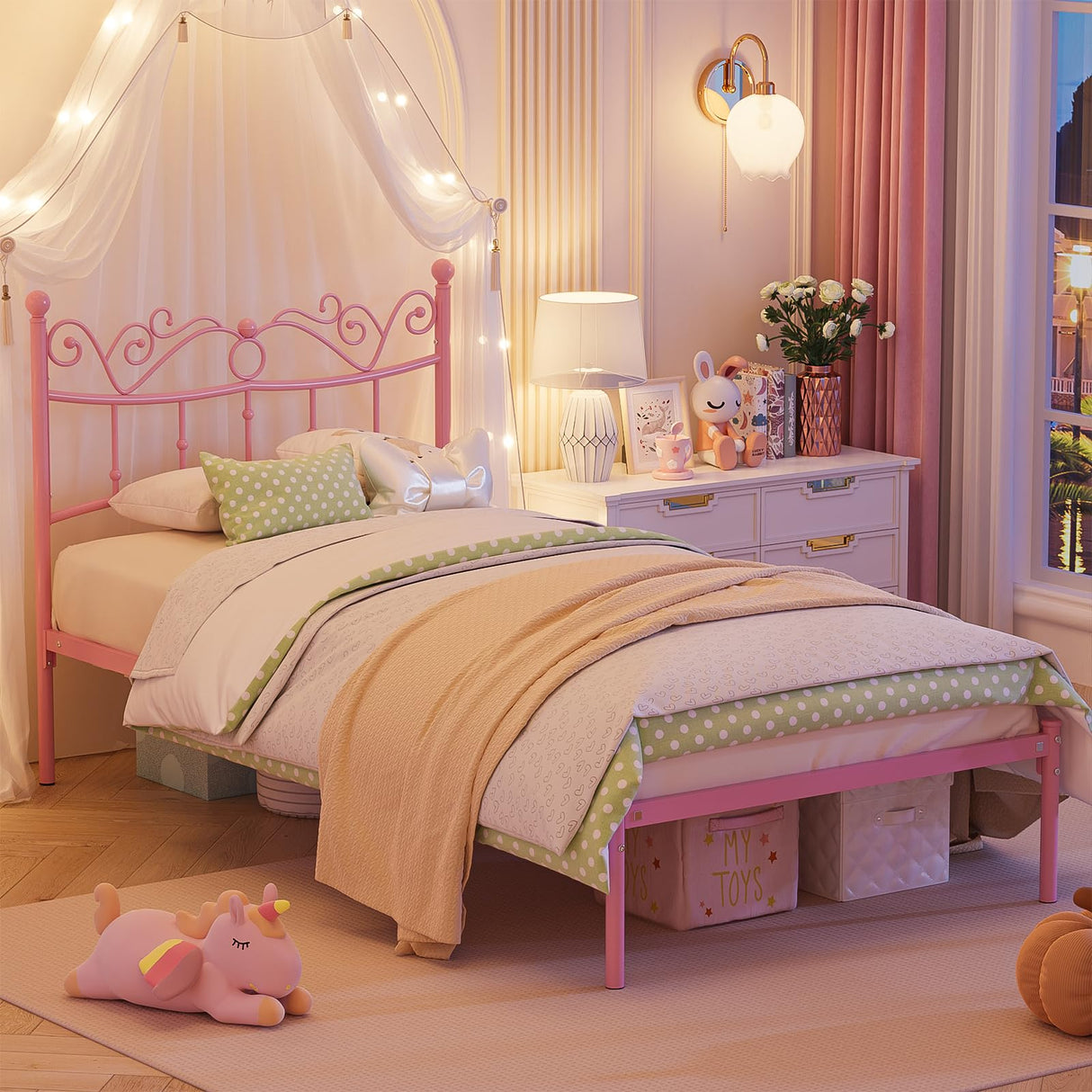 Merronix Twin Bed Frames with Headboard, Elegant Metal Pink Bed Frame for Kids Girls, Modern Heavy Duty Twin Size Platform Bed - No Box Spring Needed, 11.2 Inches Height Underneath Storage Merronix