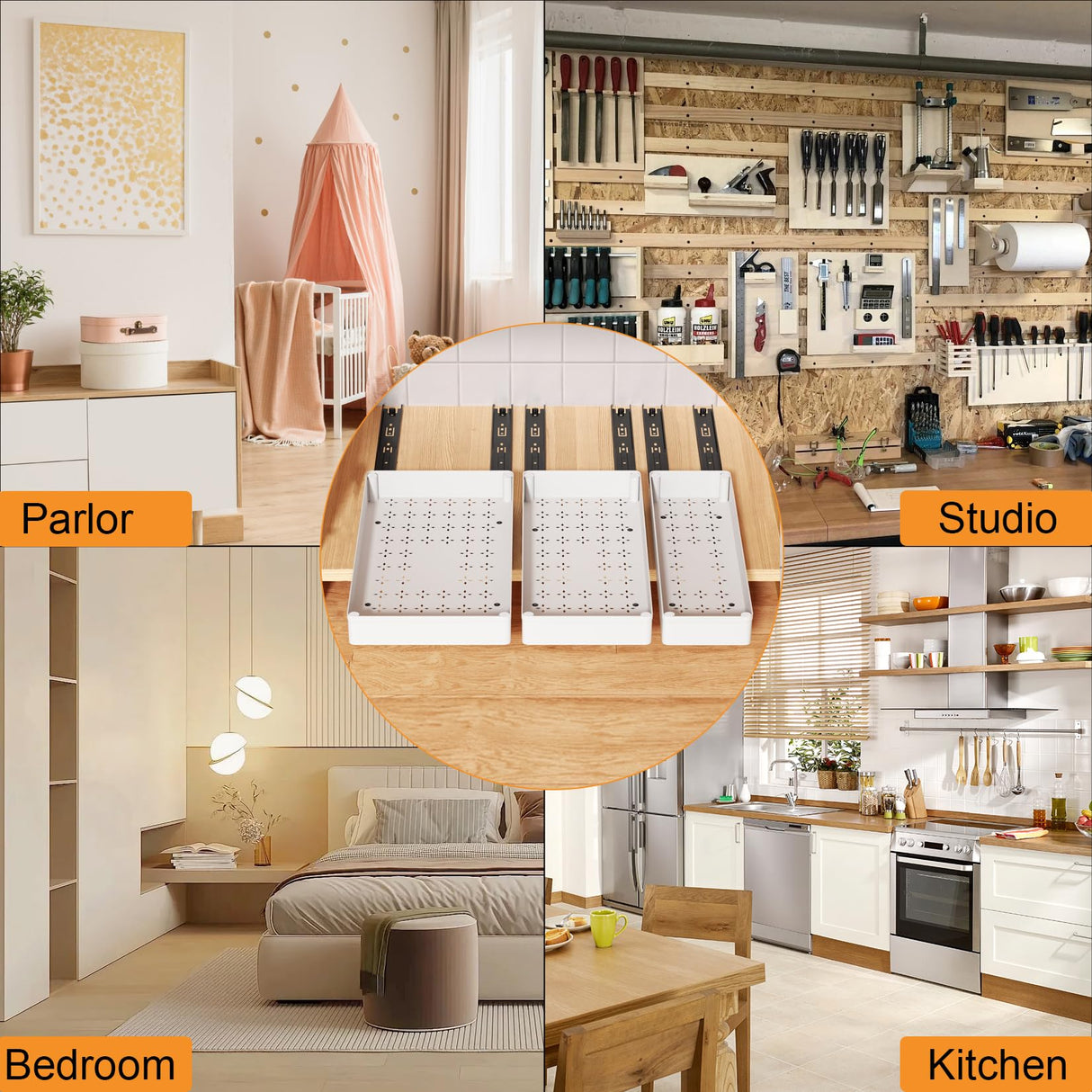 YoolooKitt Pull Out Cabinet Organizer,Adhesive with Nano Film,Slide Out Drawers Adhesive Heavy Duty Storage Drawer Shelf with 3PCS Divider Racks for Kitchen Pantry Bathroom Home,10.6"-15.7" Deep YoolooKitt