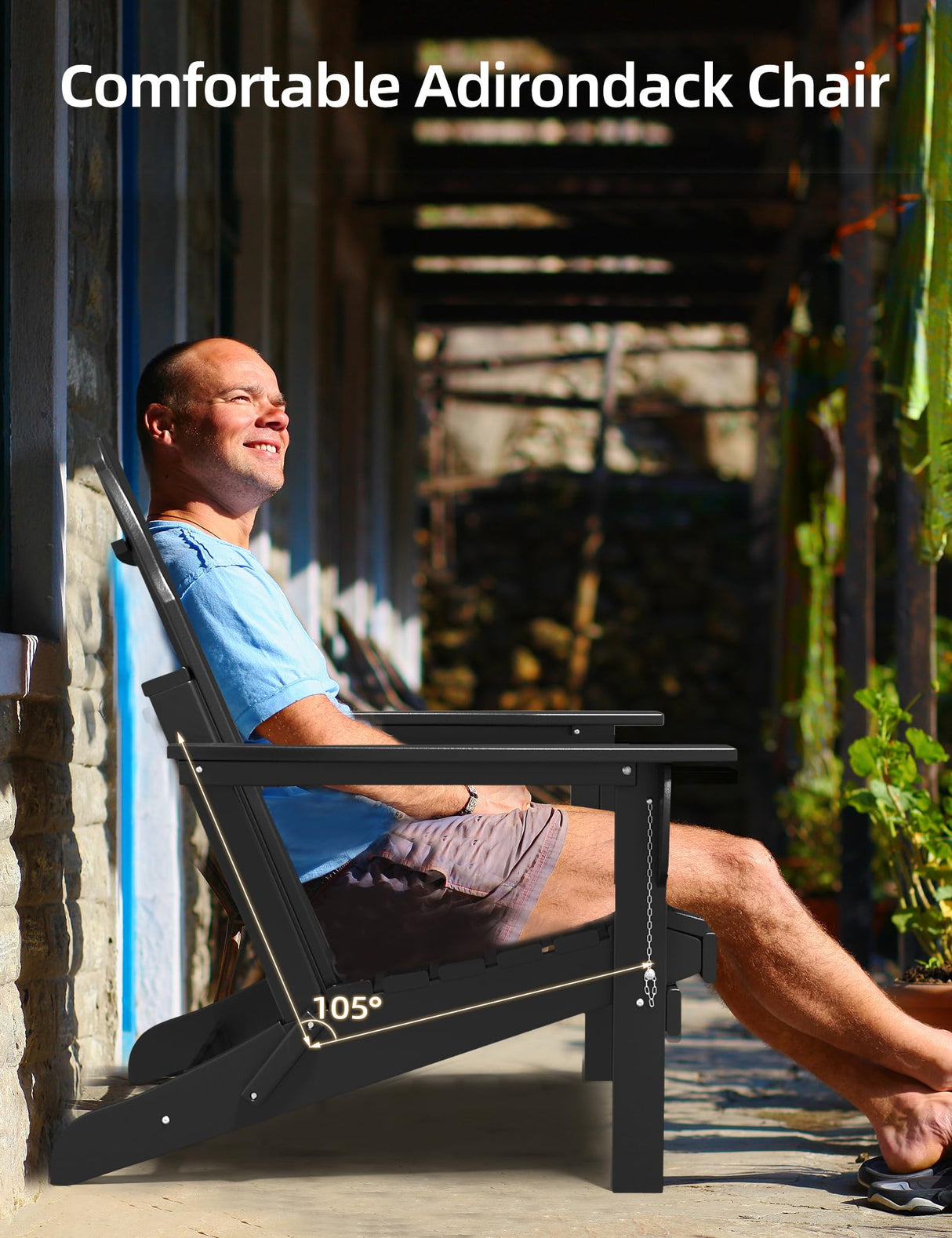 Folding Adirondack Chair - Durable HDPE Poly Lumber All-Weather Resistant, Foldable Oversized Balcony Porch Patio Outdoor Chair for Lawn, Backyard, Deck, Garden, Camping - Easy Installation, Black BUPPLEE