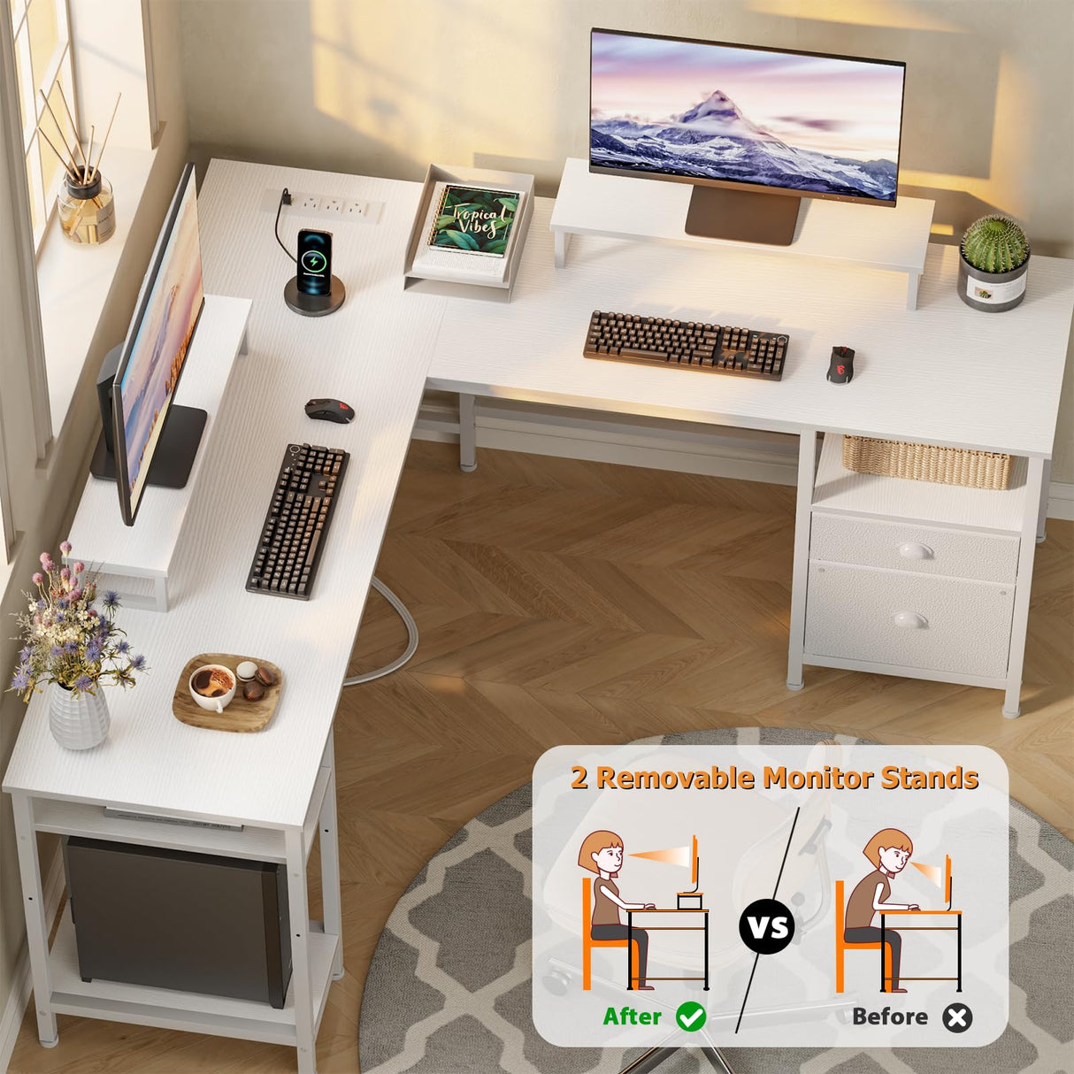 Furologee White 59” L Shaped Desk with Power Outlet, Reversible Computer Desk with File Drawer & 2 Monitor Stands, Corner Home Office Desk with Storage Shelves for Gaming Writing Furologee