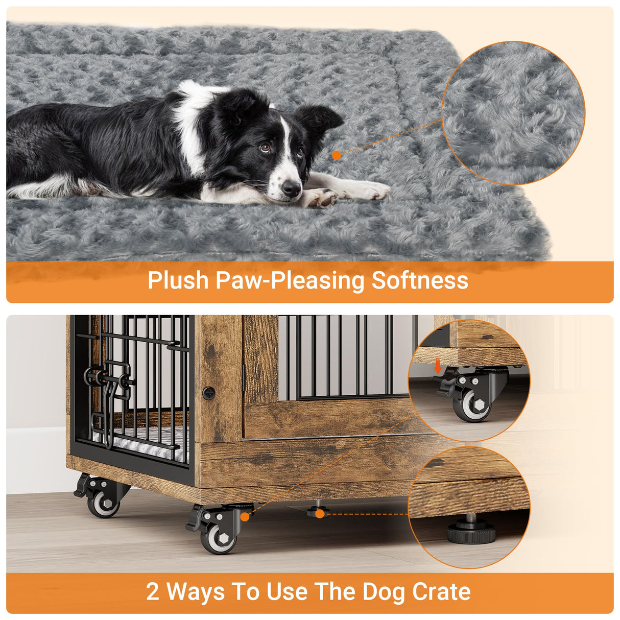 Lulive Small Dog Crate Furniture, Dog Kennel Indoor Double Doors Wooden Dog Cage, 27.1'' Heavy Duty Dog Crate with Cushion & Wheels, Decorative End Table Pet House Chew-Resistant for Small Dogs, Brown Lulive