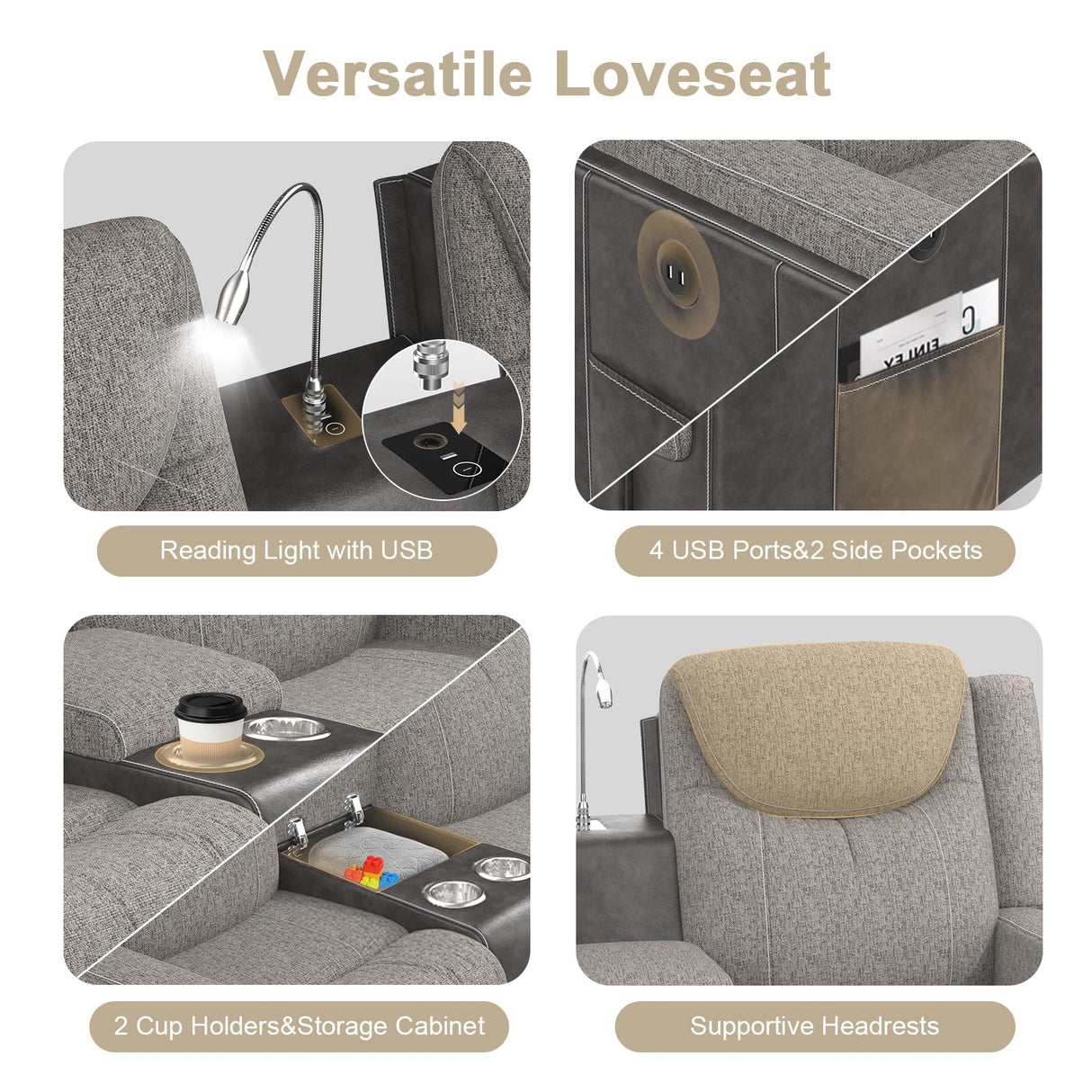 Dresegmt Loveseat Recliner, Manual Reclining Loveseat Sofa with Reading Light, Chic Blend Style Sofa, Storage Console, Cup Holders, USB Ports, Fabric & PU Leather, Recliner Couch for Living Room/RV Dresegmt