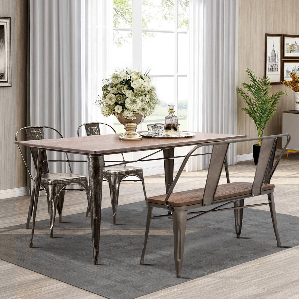 YOLENY Dining Bench, Entryway Bench with Back, Farmhouse Metal Dining Bench, Industrial Mid-Century 3 Person Rustic Spindle Bench, with Wood Seat, Removable Backrest, 42in, Bronze YOLENY