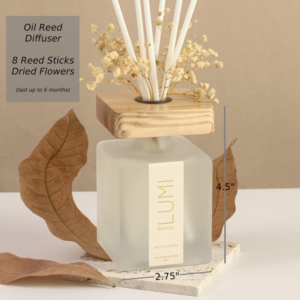 Luxury Aroma Set | Scented Reed Diffuser (200ml), Scented Wood Wick Soy Candle (200g), Aroma Room Spray (50ml), Includes Dried Flowers, 8 Reed Sticks - Home Fragrance Gift Set (Peony Garden) Lumi Brand