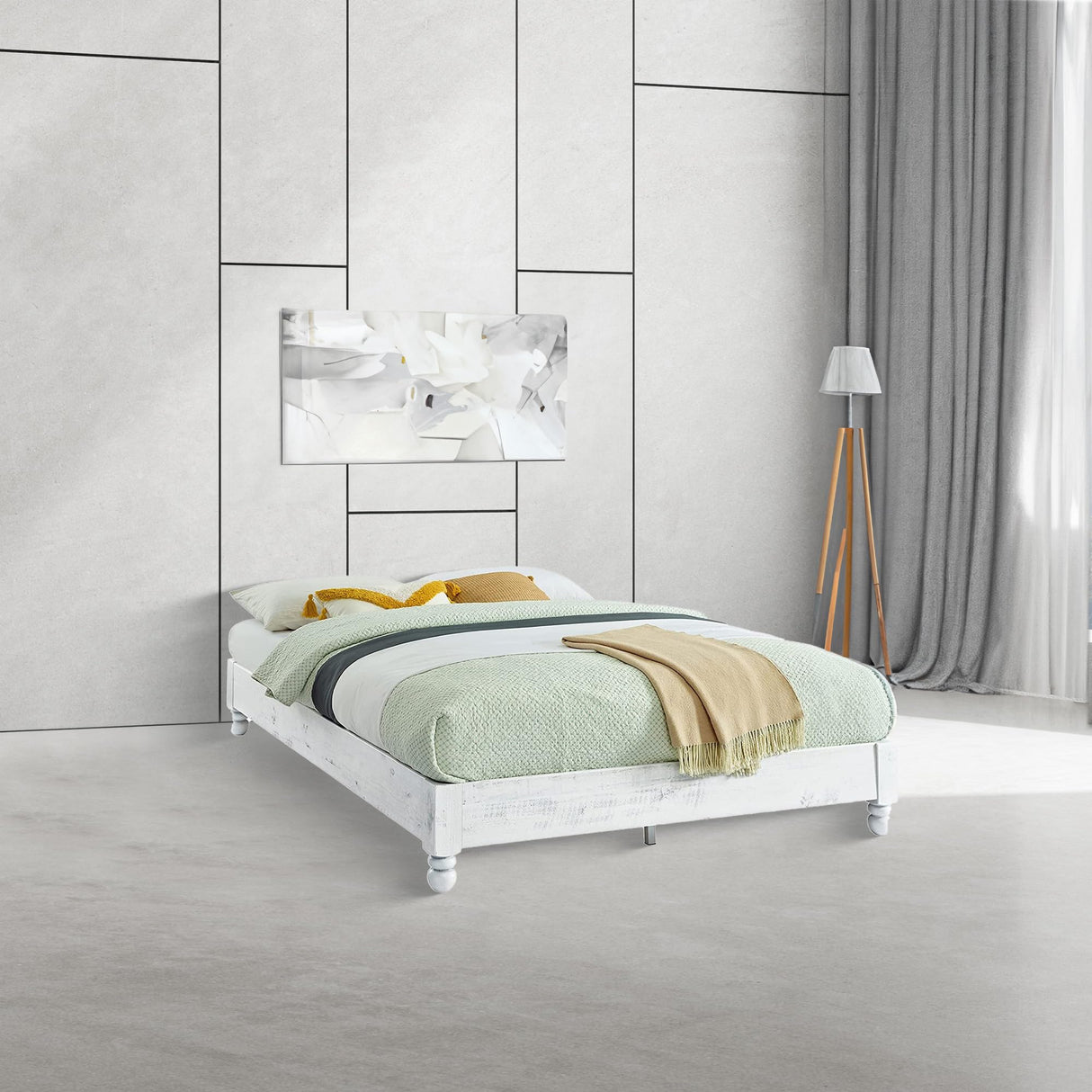 MUSEHOMEINC Queen Solid Wood Platform Bed Frame with Rustic White Washed Finish MUSEHOMEINC