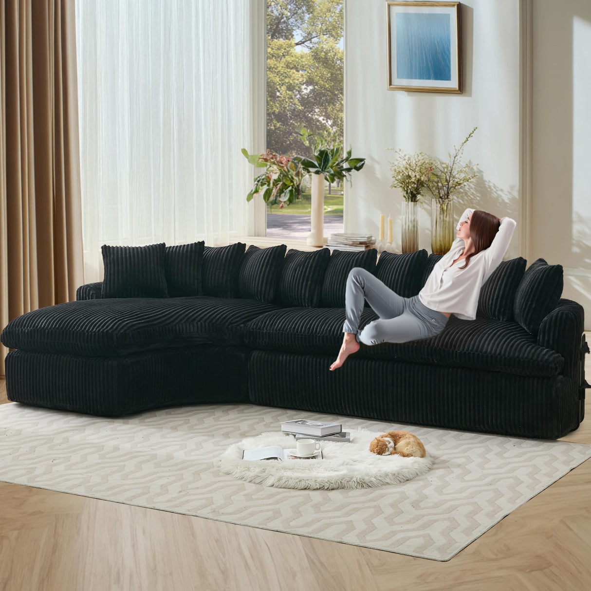 UQGVML 129'' Cloud Corduroy Couch for Living Room, Modern Curved Cloud Sofa, Upholstered Corner Couches for Living Room, L Shaped Sectional Couch (Black) UQGVML