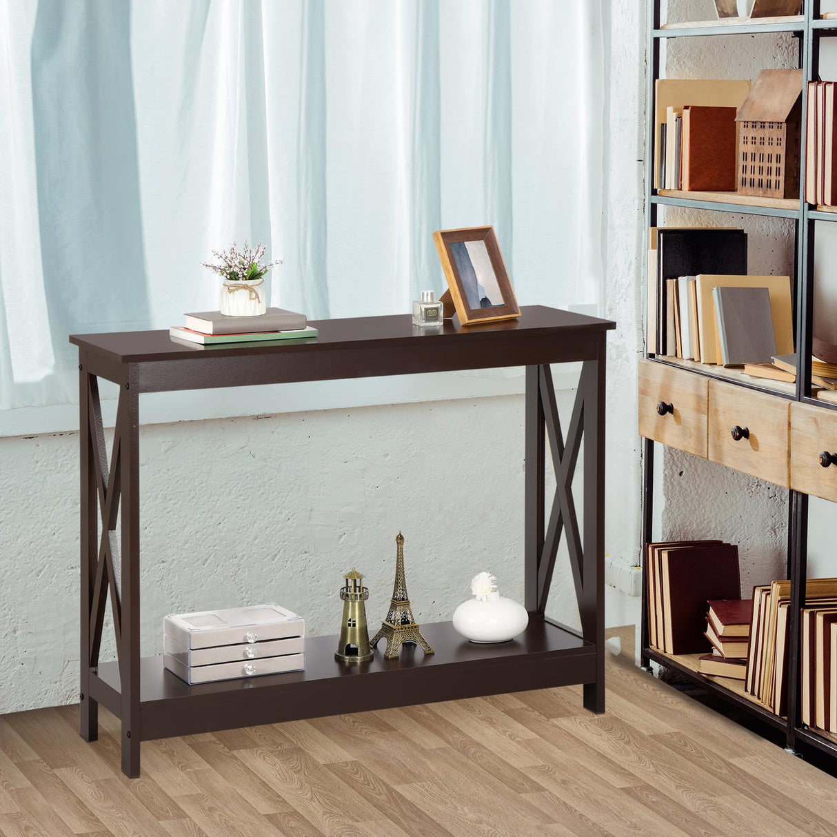 ZenStyle Sofa Side Console Table with 2 Storage Shelves Narrow Accent Table for Entryway/Hallway/Living Room, 39.3in L x 11.8in W x 31.6in H (Dark Brown) ZenStyle