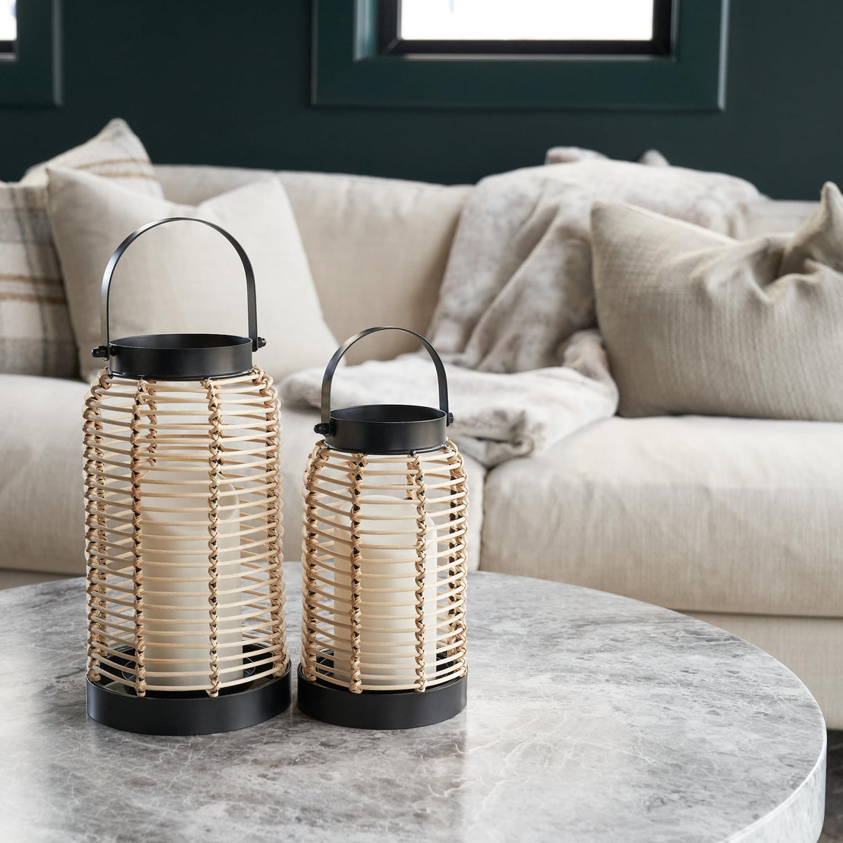 Natural Rattan Boho Lanterns - Handcrafted Decor to Enhance Every Corner of Your Home - Modern Farmhouse Beauty Perfect for Any Living Room, Indoor Coffee Table or Kitchen Dining Table KIBAGA