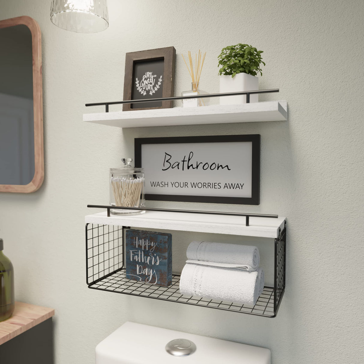 WOPITUES Floating Shelves for Bathroom Wall Decor Sign, Bathroom Organizer and Storage, Bathroom Shelves Over Toilet with Metal Guardrail-Modern White WOPITUES