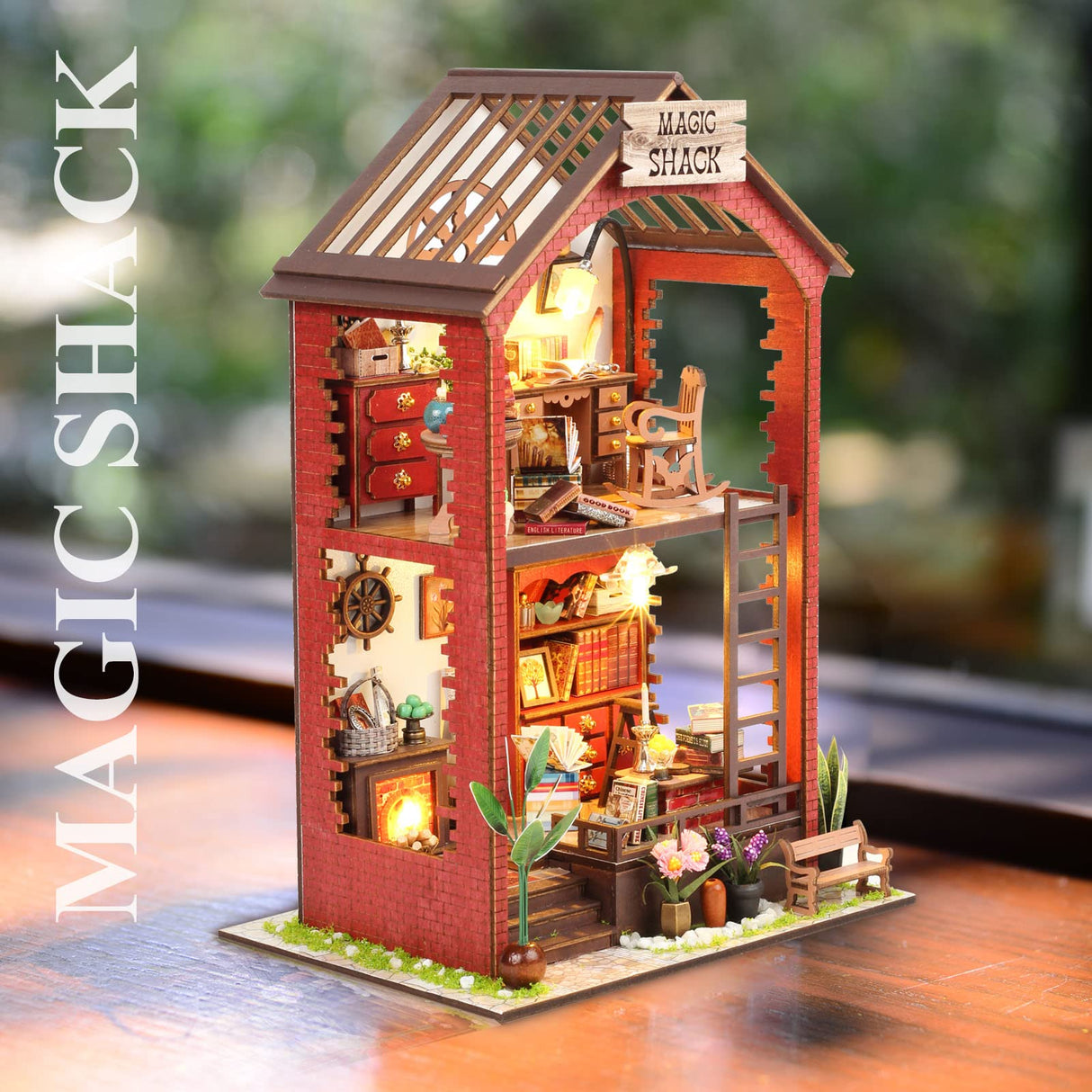 DIY Miniature Dollhouse Greenhouse Building Room Kit, Wooden Diorama Book Nook House Kits Build Crafts for Adults, Mini Street Tiny Library House Making Kit 1:24 Scale Insgen
