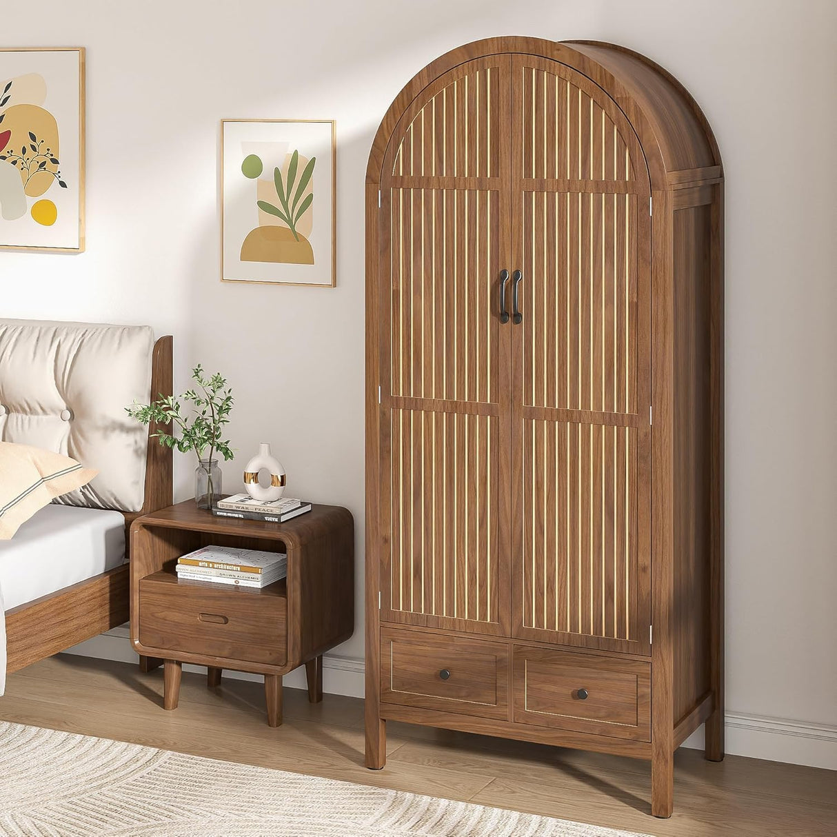 Lxsxlome Armoire Wardrobe Closet, Modern Wardrobe Closet with Drawers and 2 Arched Fluted Doors, 70.87‘’ Tall Wooden Bedroom Armoires with Shelves and Hanging Rod (1, Walnut) Lxsxlome