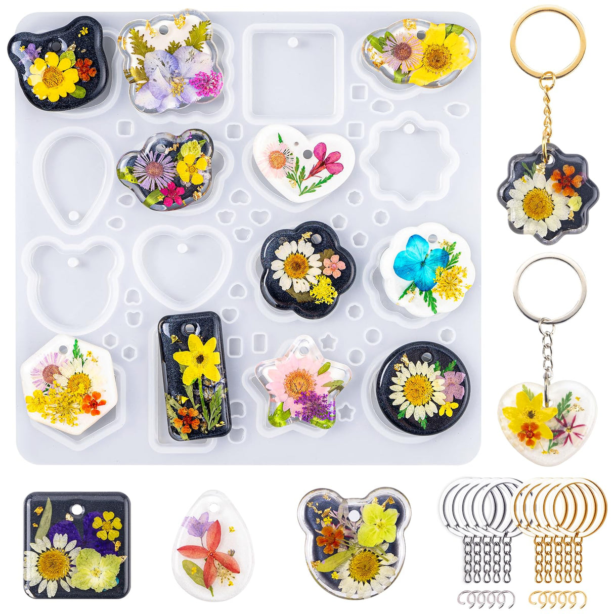 LET'S RESIN Keychain Resin Molds Silicone with Hole, 16 Cavities UV Resin Jewelry Pendant Mold for Beginner, Epoxy Resin Molds for Keychain Pendant Jewelry Making LET'S RESIN