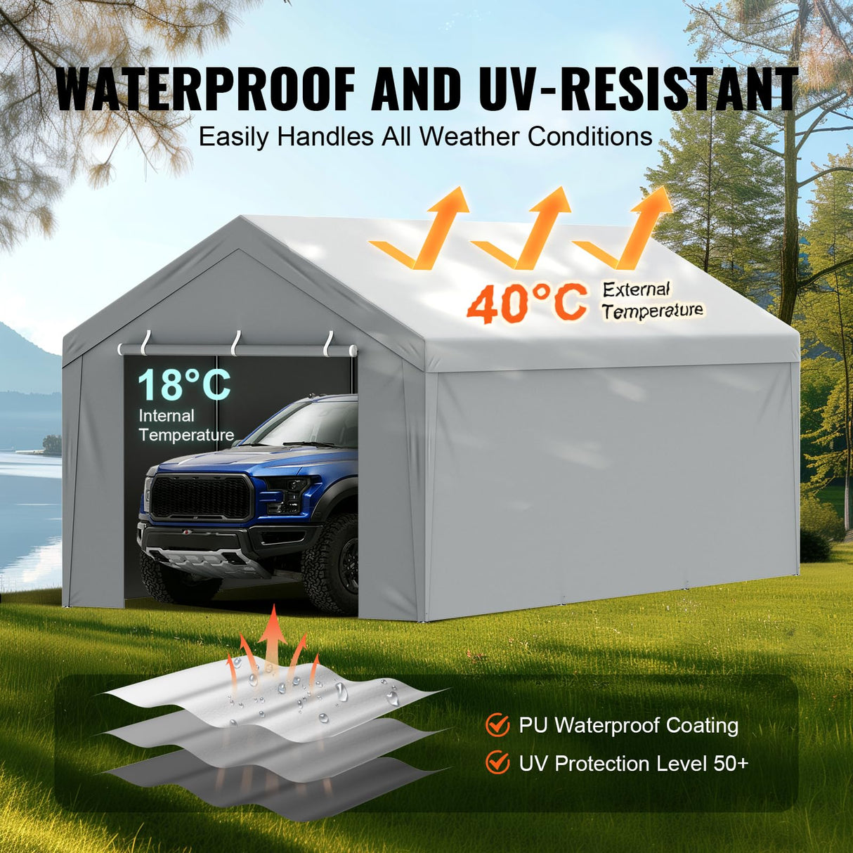 VEVOR Carport Replacement Canopy Cover Top + Side Wall 10 x 20 ft, Garage Tent Shelter Tarp Heavy-Duty Waterproof & UV Protected, Easy Installation with Ball Bungees,Grey (Frame Not Included) VEVOR