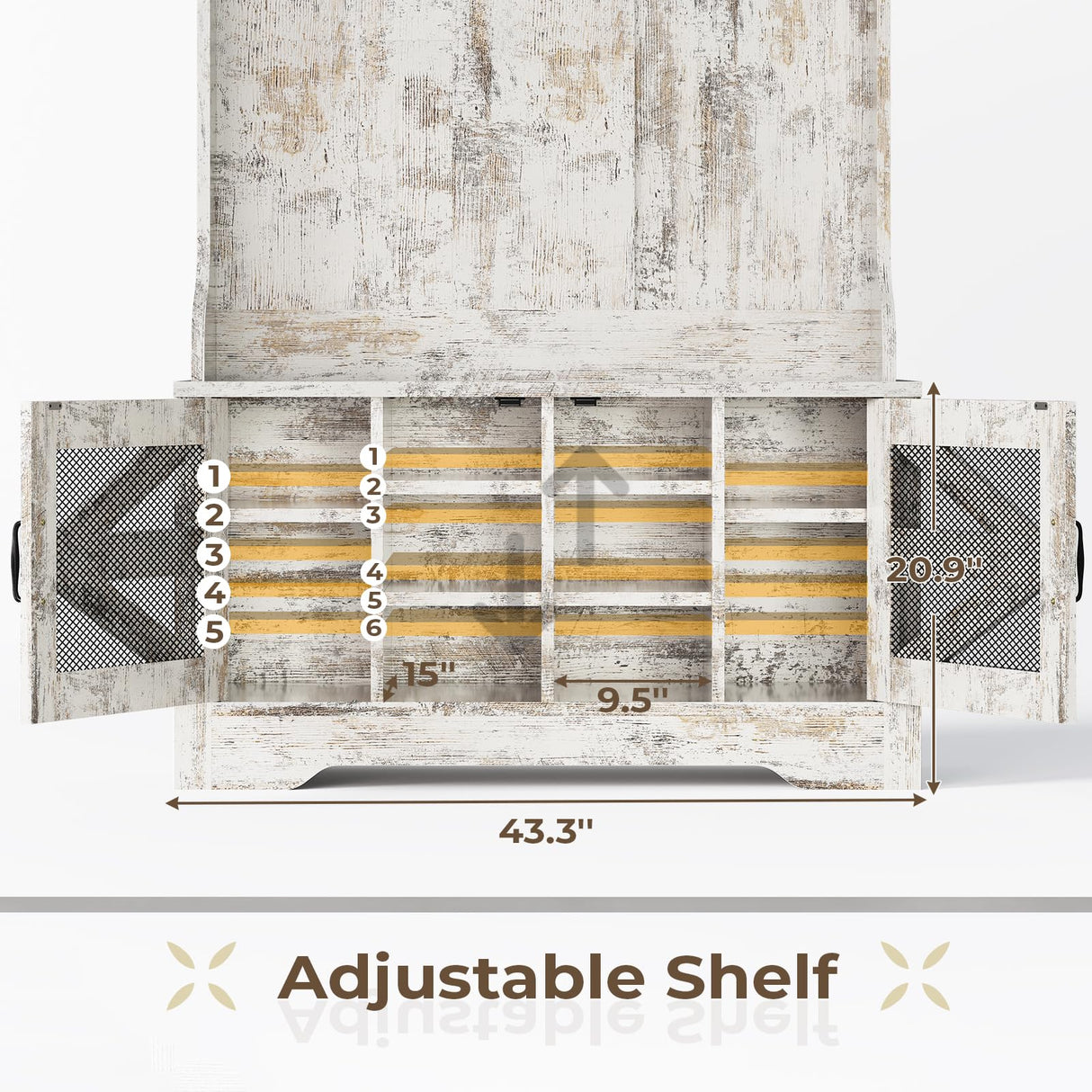 Itaar Hall Tree with Bench and Shoe Storage, 5-in-1 Entryway Bench with Coat Rack, 10 Shoe Cubbies & 9 Coat Hooks, Barn Door & Adjustable Shelf (Vintage White) Itaar