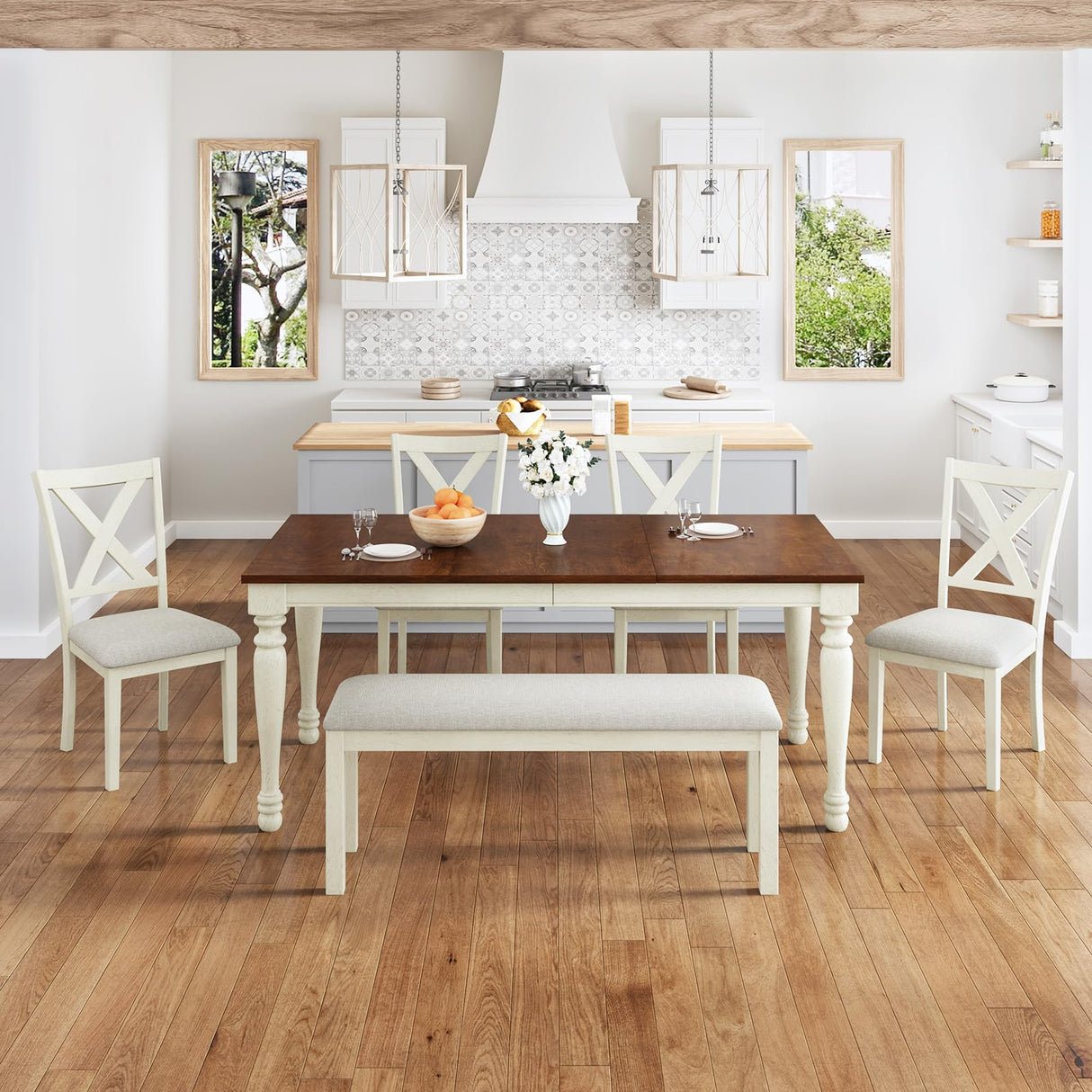 AMERLIFE 6-Piece Farmhouse Dining Table Set with 4 Upholstered Chairs and Bench, 71” Solid Wood Table, Seating for 6, for Dining Room or Kitchen, Rustic White & Walnut Finish AMERLIFE