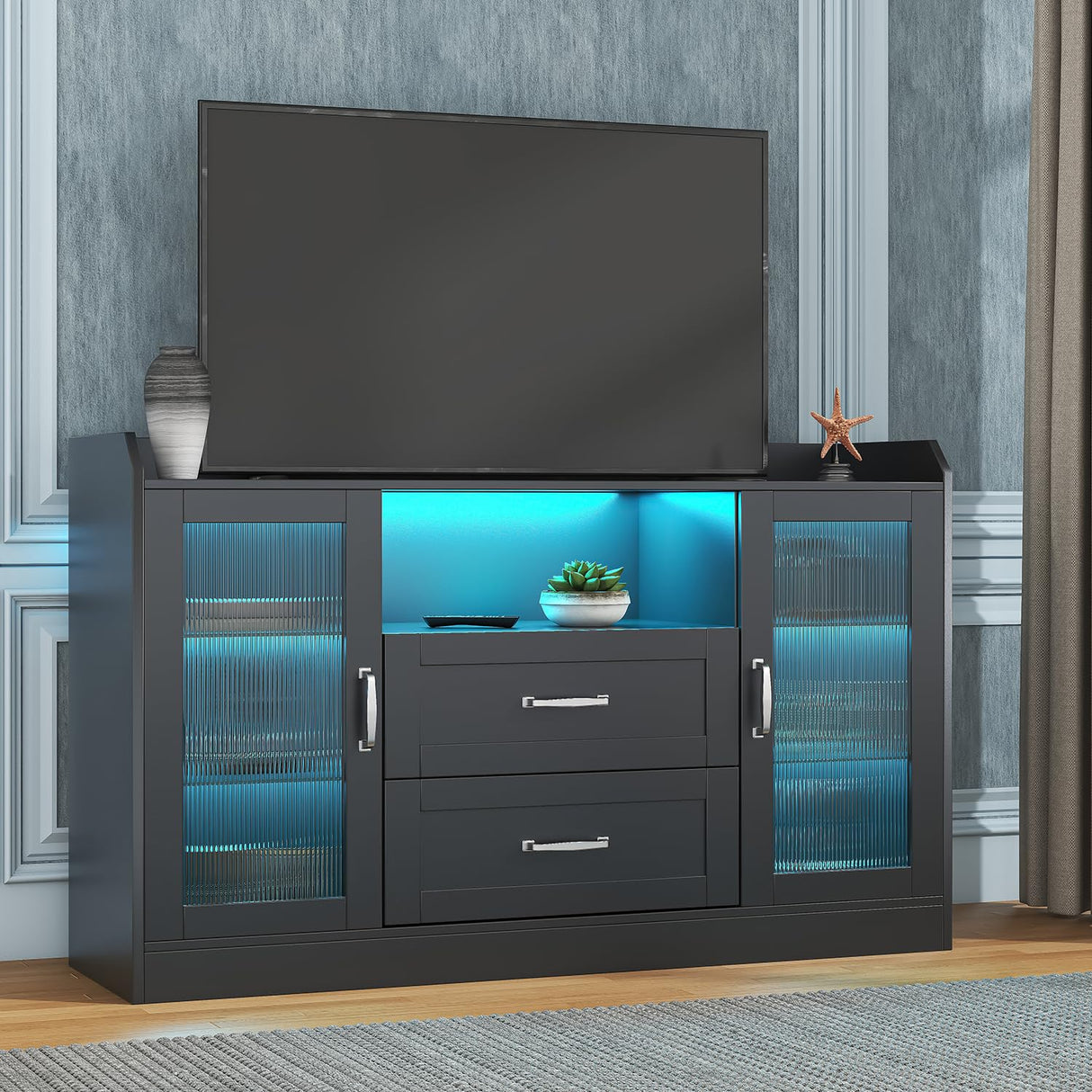 Melodyblue Buffet Cabinet, 48" Farmhouse Sideboard Buffet Storage Cabinet with Led Lights, Versatile Glass Doors, Sturdy MDF Construction, Coffee Bar Cabinet for Dining Room (Black) Melodyblue