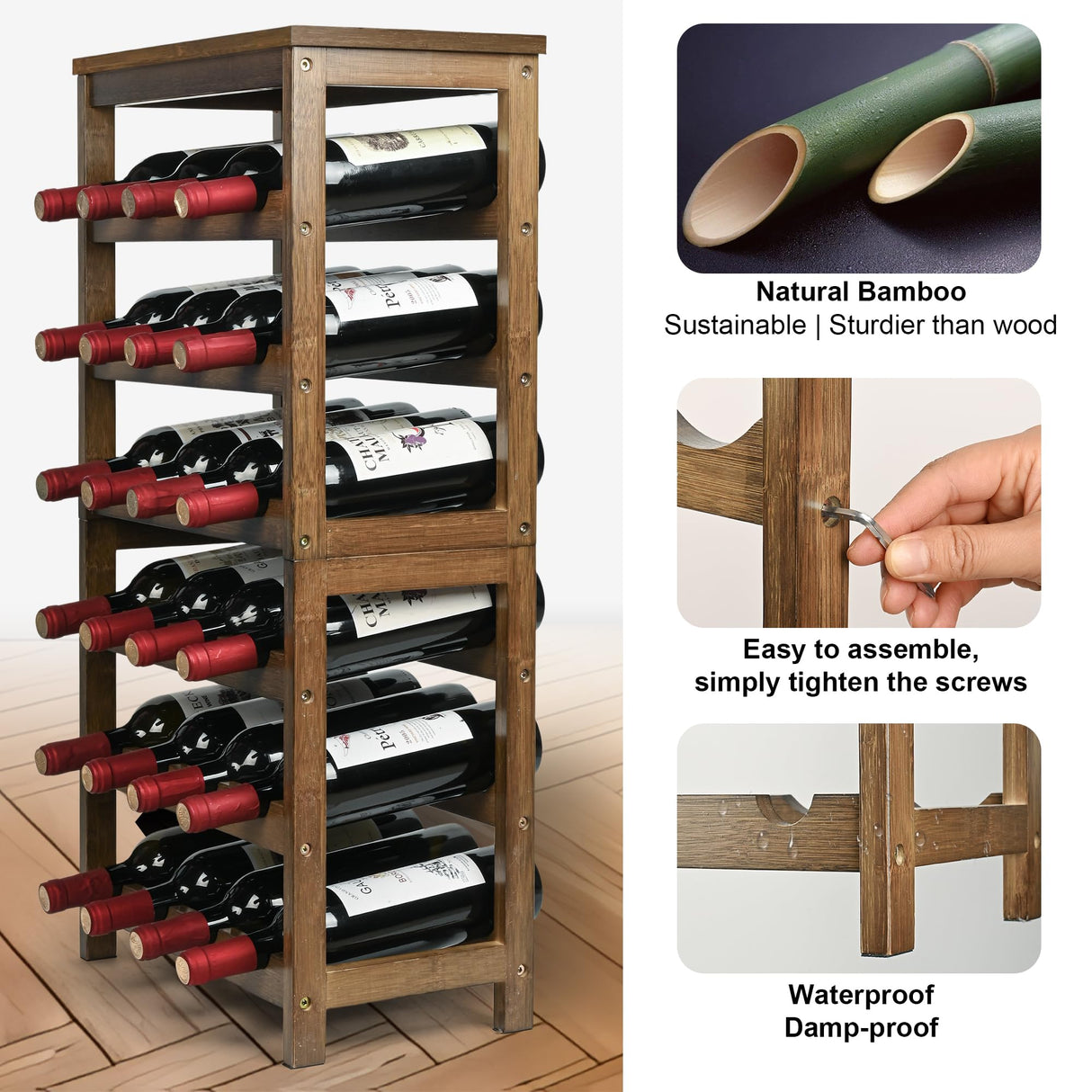 VASMIA Wine Rack Freestanding Floor, 6-Tier Display Wine Storage Shelves with Table Top, 24-Botttle Bamboo Wine Rack Shelf for Kitchen Bar Dining Room Living Room, Walnut VASMIA
