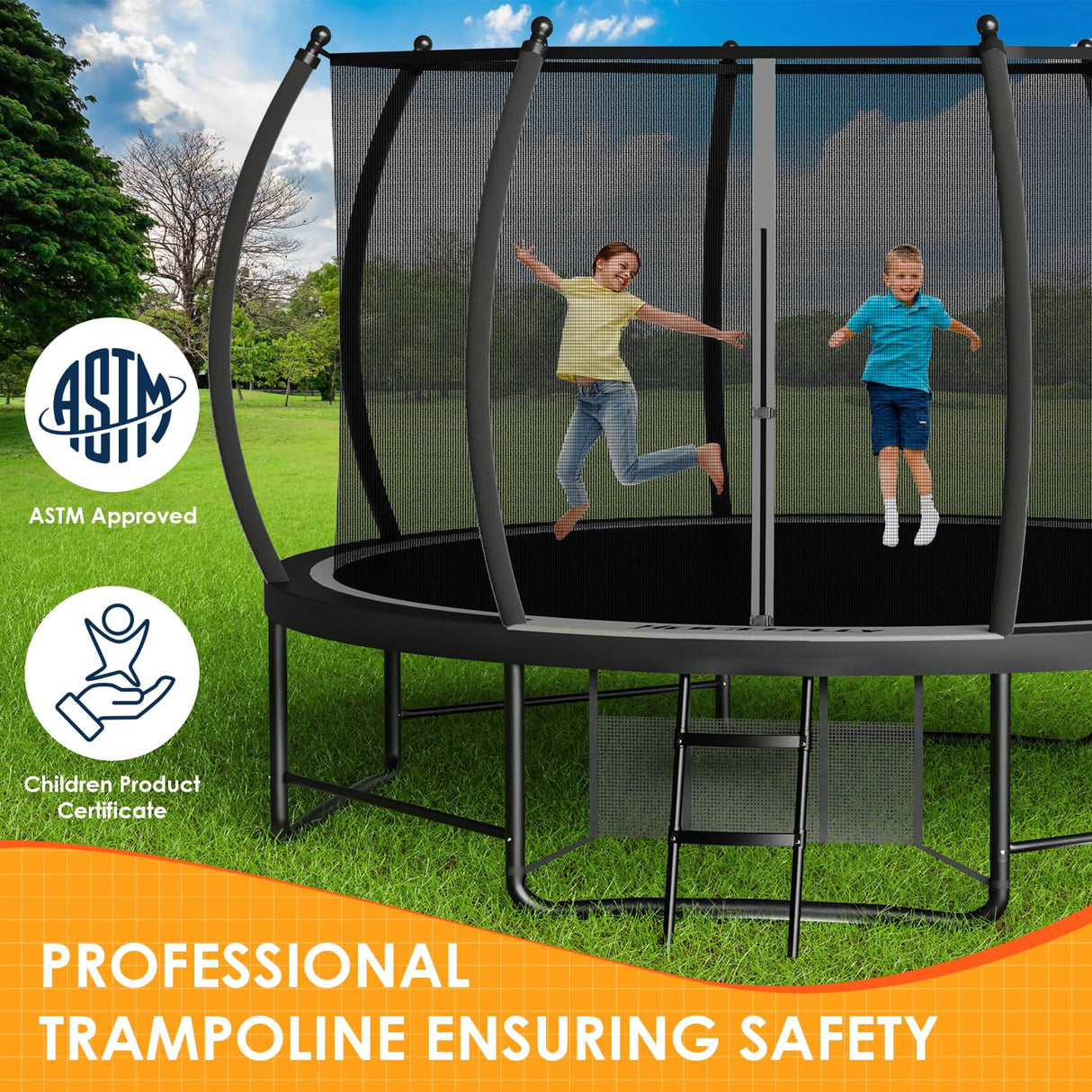 Hocozlly Outdoor Trampoline 14FT for Kids, ASTM Approval Recreational Trampoline with Enclosure, Reinforced Trampolines with Thickened Pole & Non-Slip Wider Ladder (Grey) Hocozlly