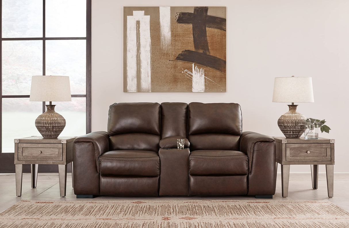Signature Design by Ashley Alessandro Contemporary Tufted Leather Power Reclining Loveseat with Console and Adjustable Headrest, Dark Brown Signature Design by Ashley