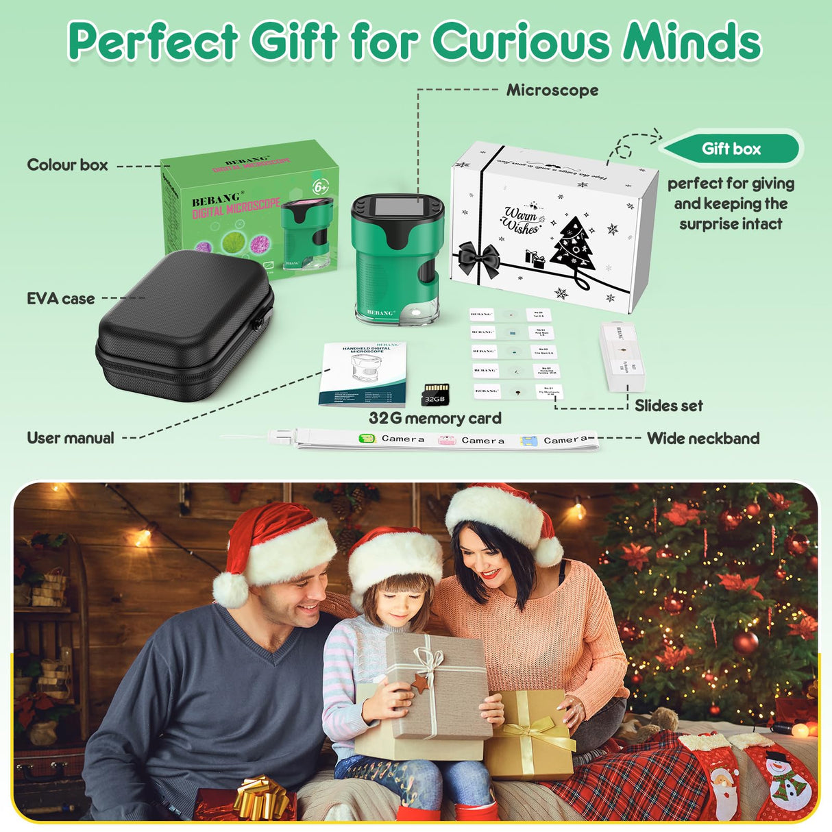 1000X Handheld Microscope for Kids 4K 2.0" Screen Rechargeable Mini Pocket Digital Microscopes w/Slides Kit Portable Edu Gift Age 4-6 8-12 Children Students (Green) BEBANG