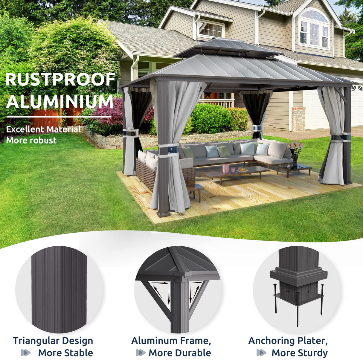 UDPATIO 12' x 14' Hardtop Gazebo, Galvanized Steel Double Roof Permanent Aluminum Gazebo, Outdoor Metal Pergolas with Mosquito Netting and Curtains for Garden, Parties, Patio, Deck, Lawns, Grey UDPATIO