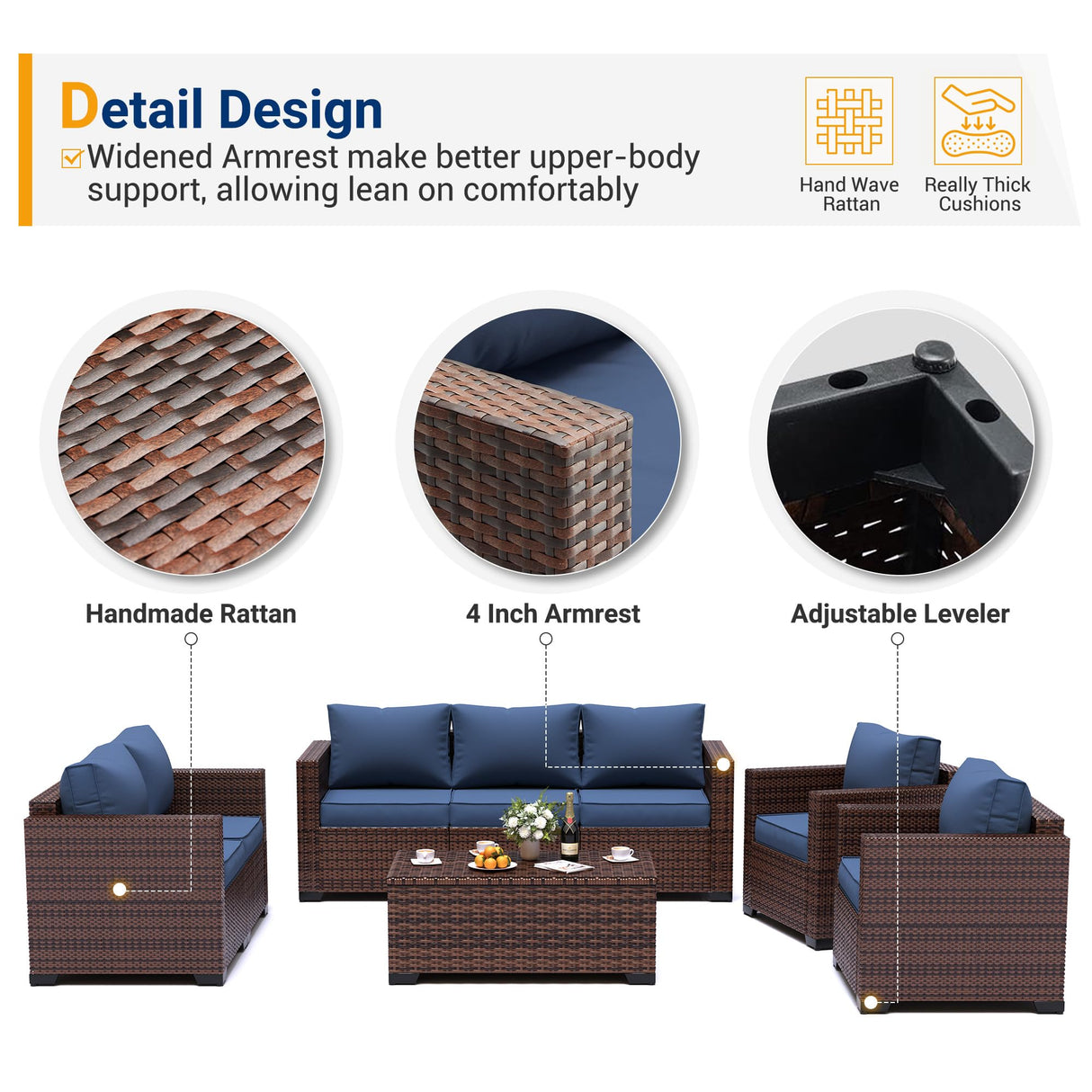 UDPATIO Patio Wicker Single Sofa, Outdoor Rattan Sectional Couch Furniture All Weather Armchair Additional Chair for Furniture Set w/Non-Slip Cushion Deep Seating High Back UDPATIO