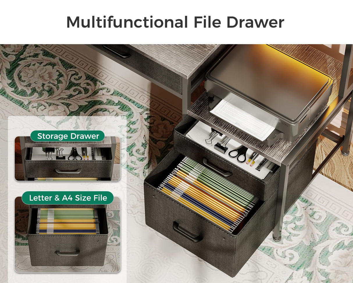 AODK 48-Inch Computer Desk with File Cabinet and Fabric Drawers, Reversible Office Desk with LED Strip and Power Strip, Gaming Desk with Monitor Riser, Writing/Study Table for Home, Oak Grey AODK