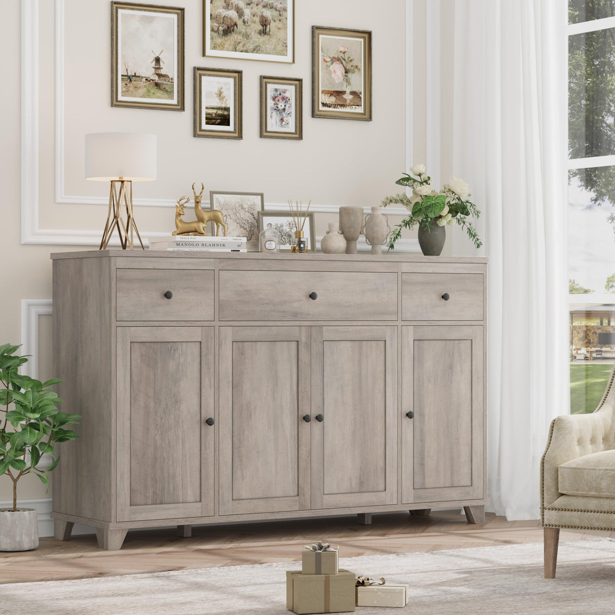 HIFIT 55" Large Kitchen Buffet Cabinet with Storage Drawers, Farmhouse Sideboard Buffet Table Storage Cabinet with Doors and Shelves, Wood Coffee Bar Cabinet for Kitchen Dining Living Room, Ash Grey HIFIT