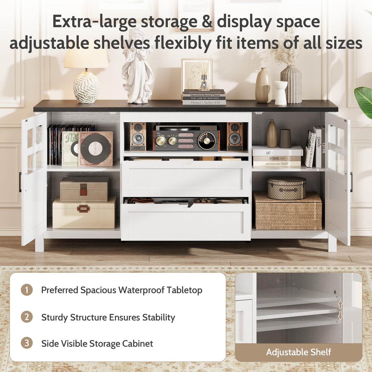 Vividwood Farmhouse TV Stand for 65 70 75 Inch TVs, Entertainment Center with Adjustable Shelves, 2 Barn Doors and Drawers, Storage Media Cabinet for Living Room or Bedroom-White Vividwood