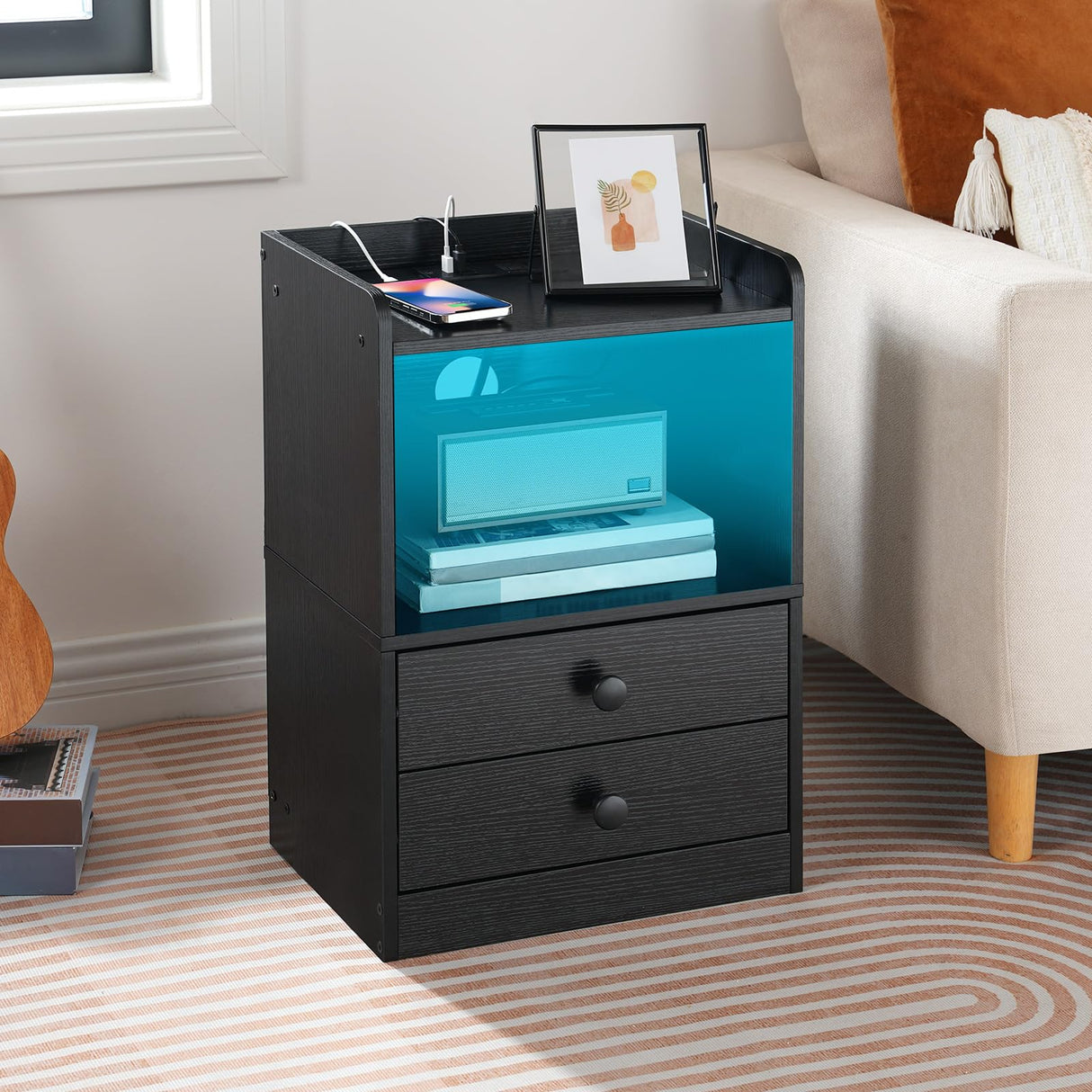 HOOBRO Nightstand with Charging Station, Modern Night Stand with LED Lights, Side Table with 2 Drawers, Bedside End Table with USB Ports and Outlets, Night Stands for Bedroom, Black BK28UDBZ01 HOOBRO