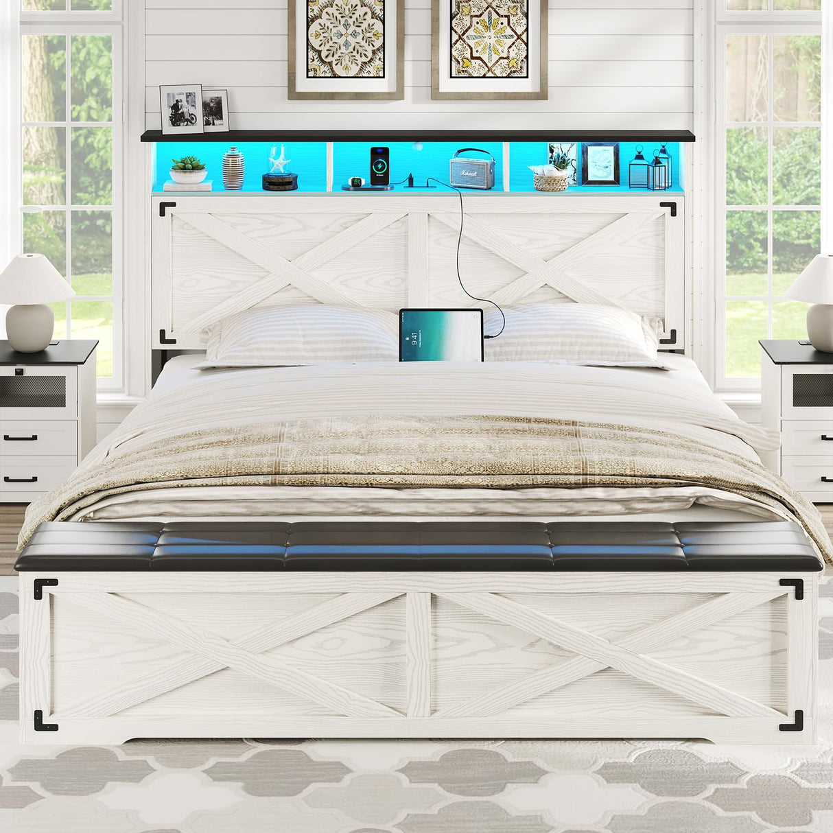 DICTAC Farmhouse Queen Bed Frame with Storage Headboard, Charging Station and LED Lights Queen Size Platform Bed Frame with Storage Ottoman, Metal Slats Support, No Box Spring Needed, Antique White DICTAC