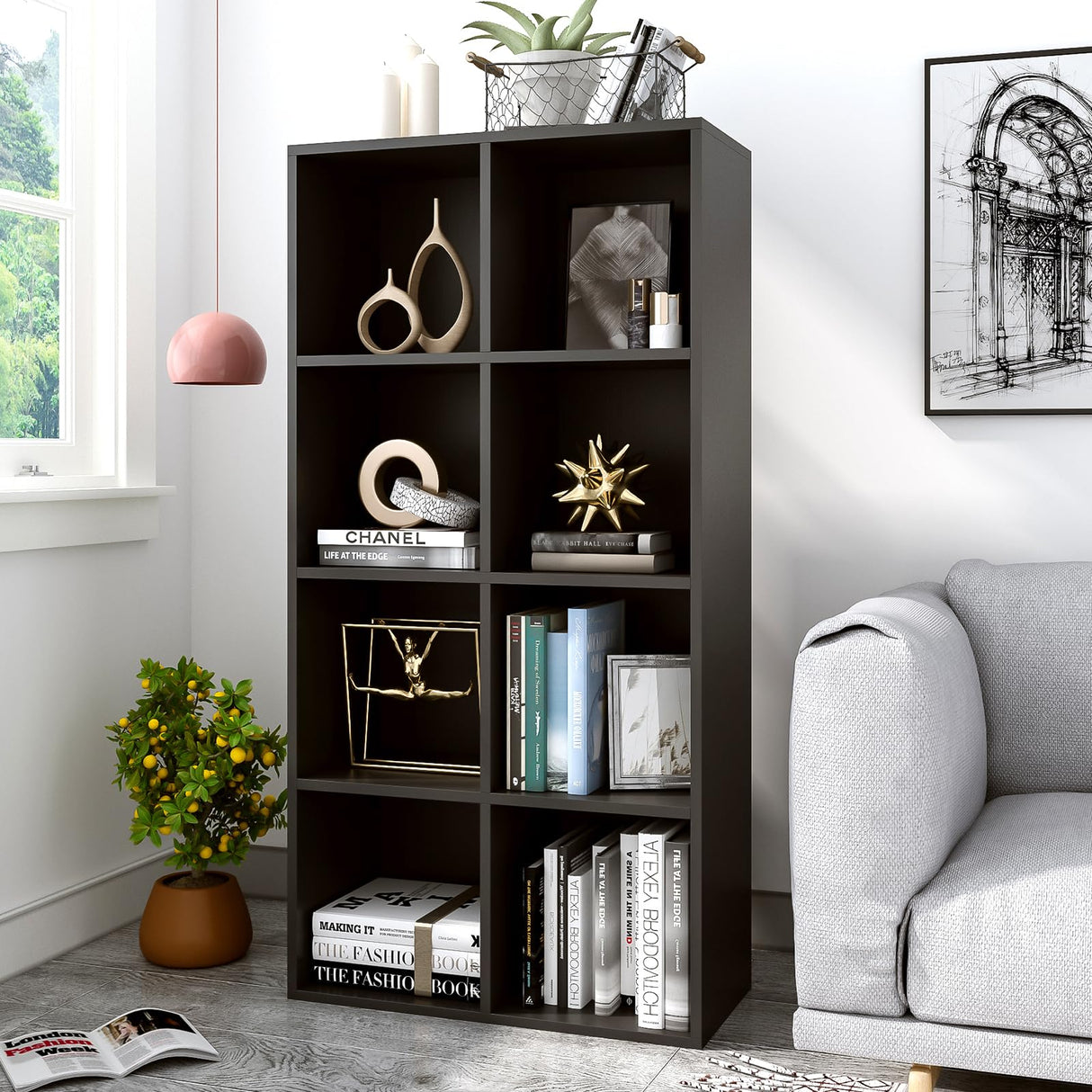 OSCHF 8-Cube Storage Shelf Bookcase - Wooden 4-Tier Floor Standing Open Bookshelf, Modern TV Stand up to 55 Inchs for Home and Office, Black OSCHF